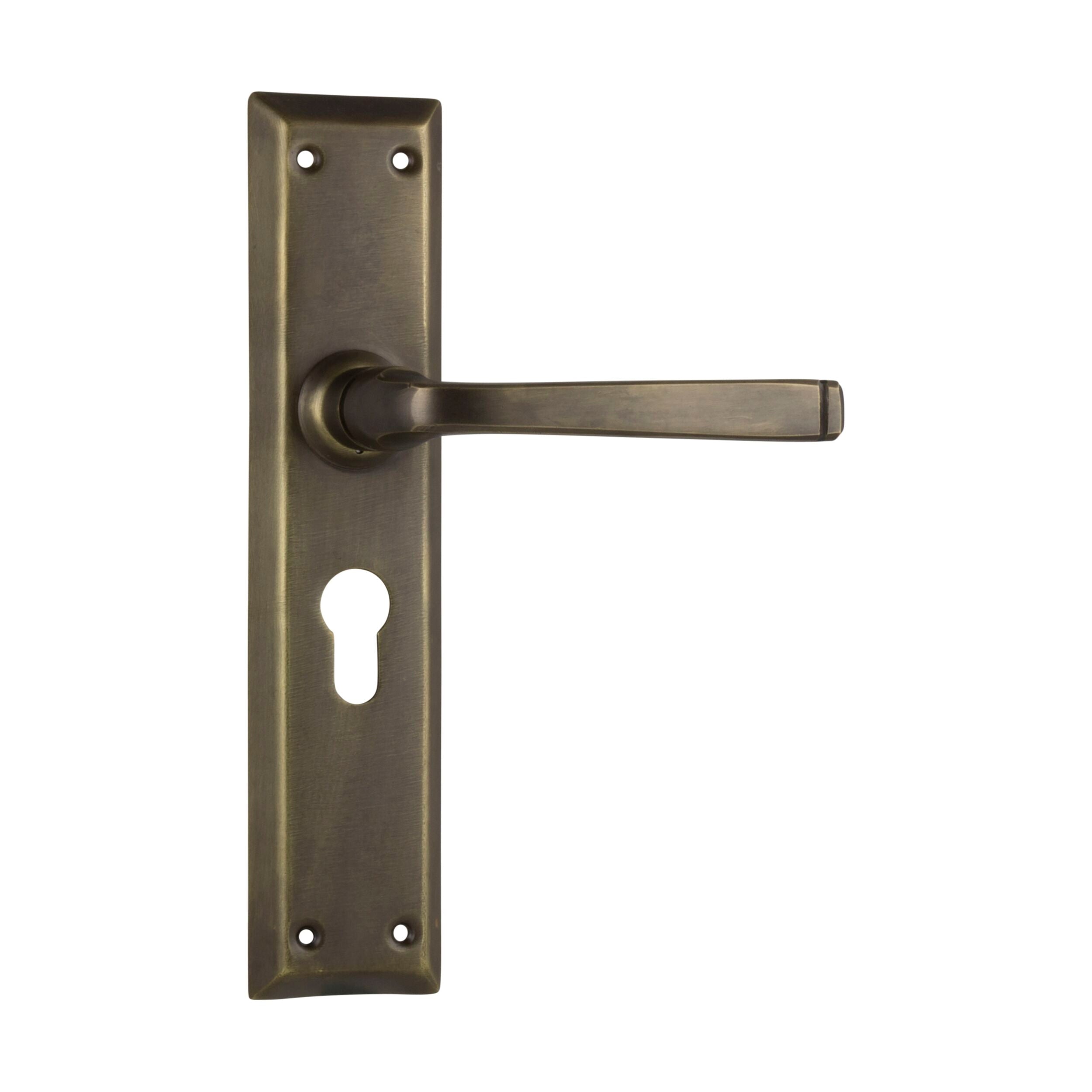 0678E Antique Brass Door Lever Menton Euro Pair - 225mm Height x 50mm Width x 75mm Projection - Perfect for Vintage Home Interiors & European Style Doors