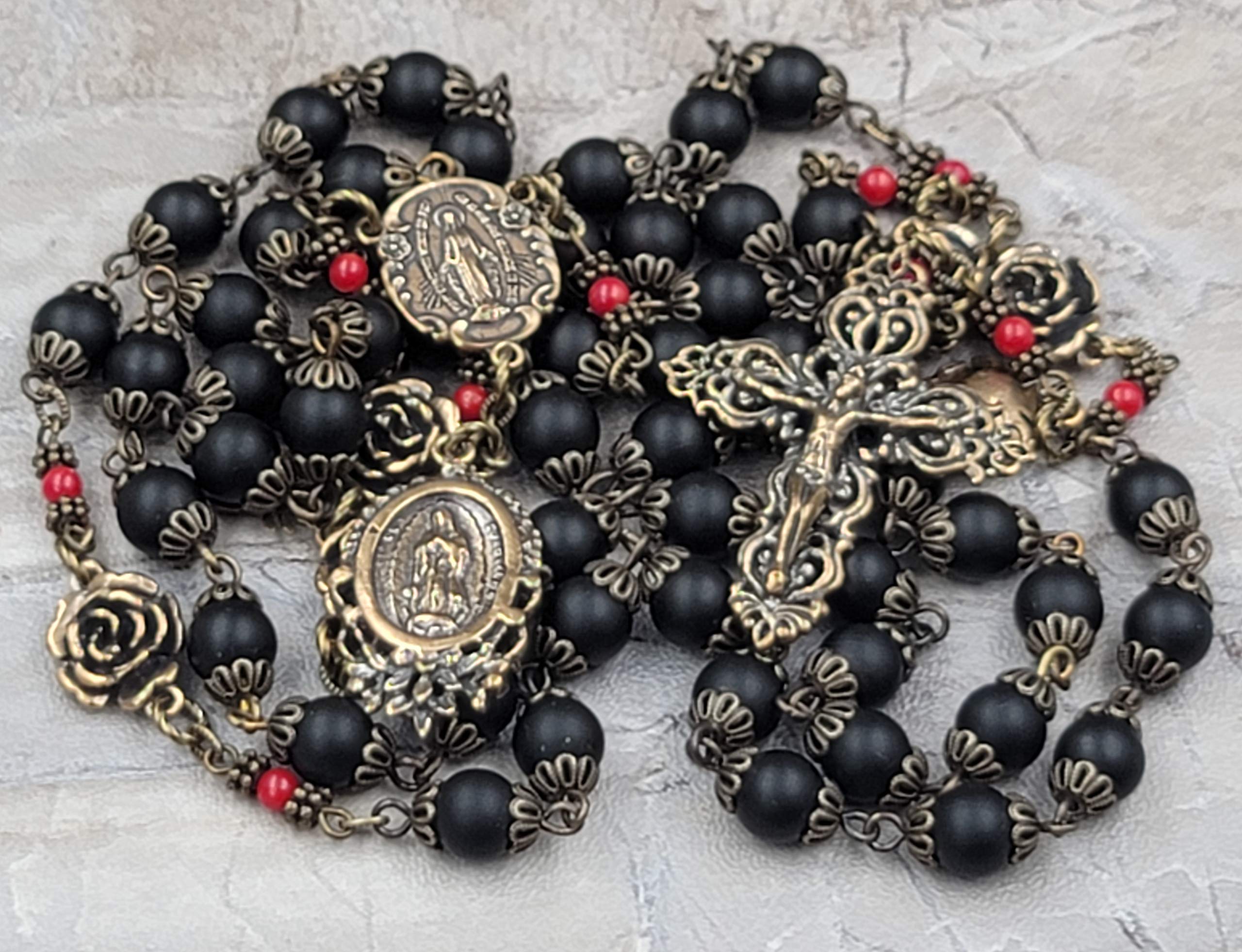 Guadalupe Miraculous Mary Sacred Heart Rosary - Black Onyx & Red Coral Beads for Protection, Courage & Prosperity | Day of the Dead Skull Design | Perfect for Prayer, Meditation & Spiritual Gifts