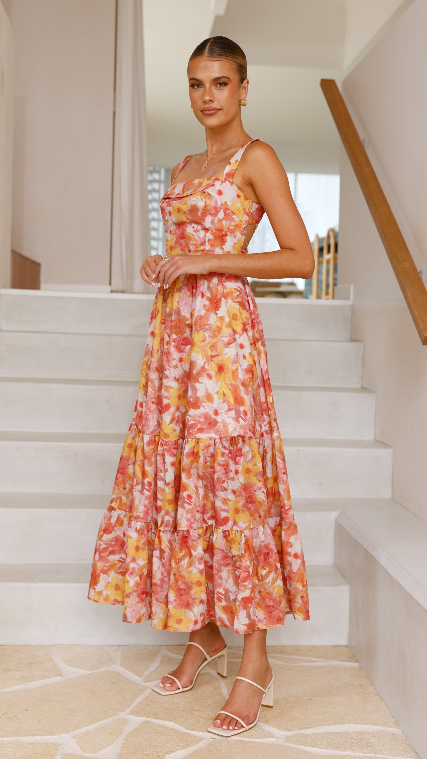 Bairbre Women's Maxi Dress - Orange Red Floral Print Summer Long Dress for Beach, Vacation & Casual Wear