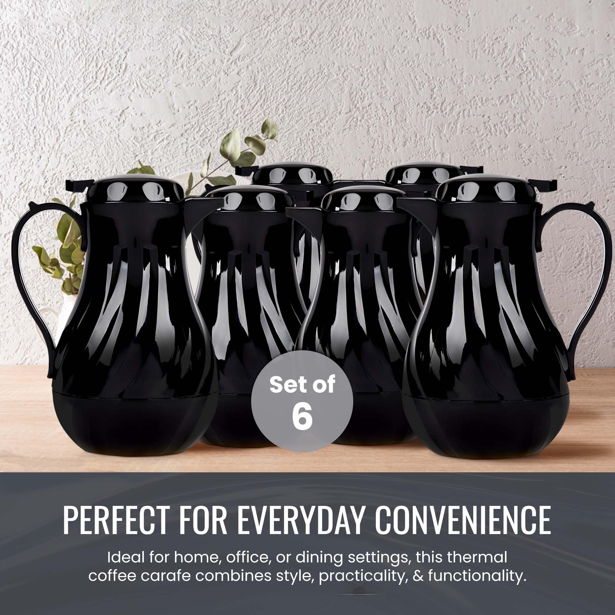 OCS Parts Set of 6 Easy Pour Thermal Coffee Carafes | 10-Inch Insulated Hot & Cold Beverage Pitcher Server for Coffee, Tea, Hot Chocolate & Water | 42-Ounce Capacity | Black | Perfect for Restaurants, Cafes, Offices & Home Use