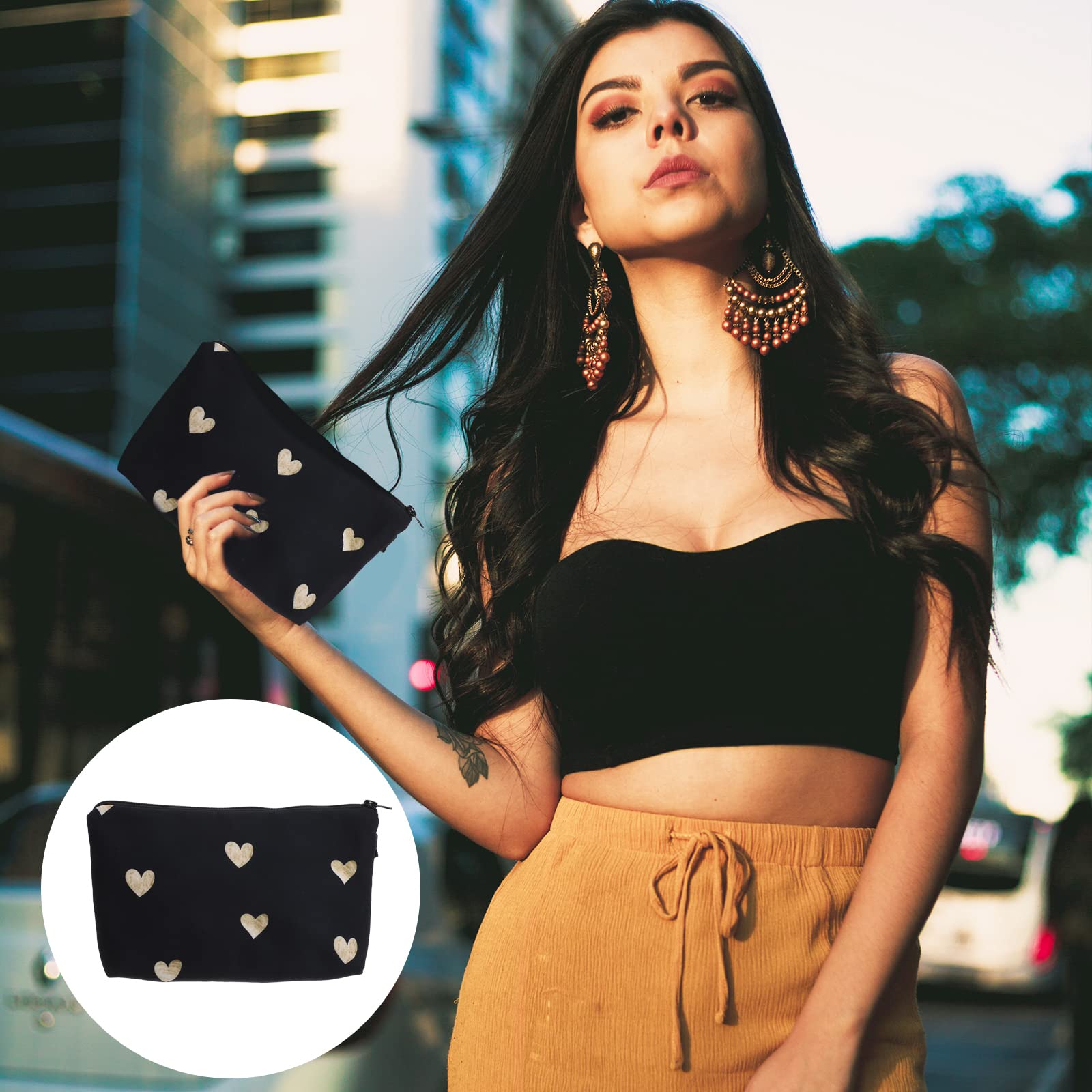 Lurrose Small Makeup Bag with Golden Heart Print - Waterproof Cosmetic Pouch & Travel Toiletry Bag with Zipper (8.7x1.2x5.3 inches) - Perfect for Travel, Gym, and Daily Organizer