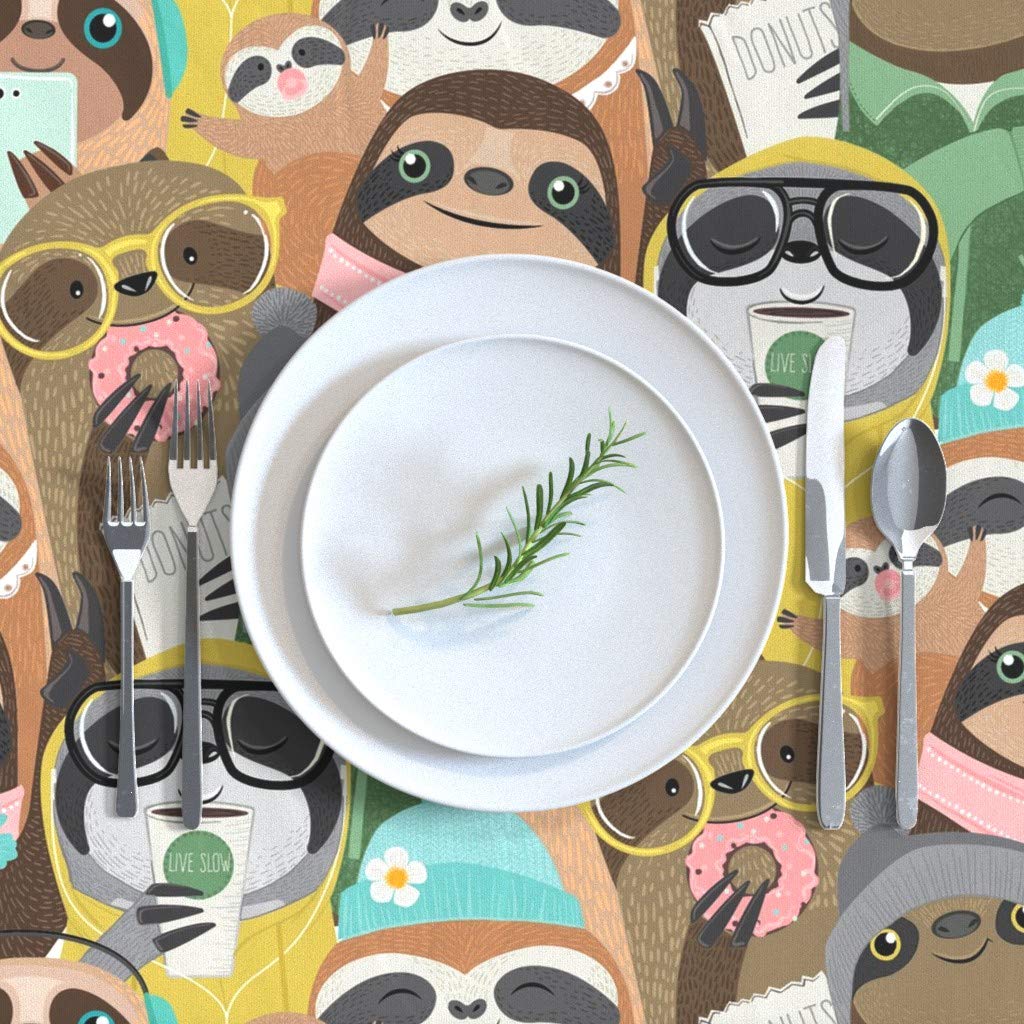 Premium Spoonflower Cotton Sateen Tablecloth 70x144 Inches - Whimsical Big City Sloths & Donut Print for Nursery, Kids Room & Dining Decor | Washable Custom Table Linens for Parties, Picnics & Home Decor