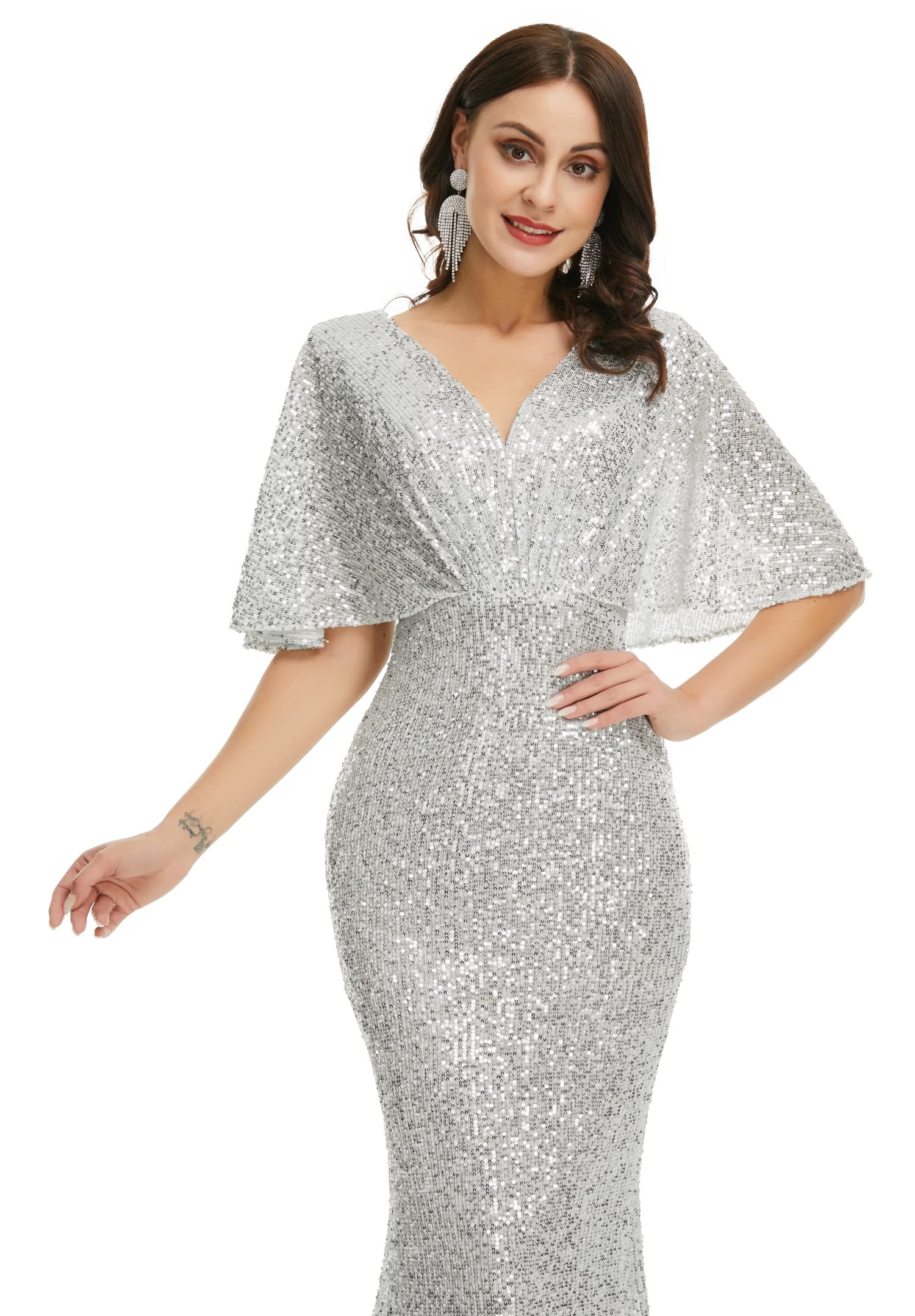 Engerla Women's Short Sleeve Sequin Mermaid V-Neck Evening Dress for Party, Prom, Formal Occasions, Wedding Bride & Bridesmaid - Perfect for Cocktail Events, Gala Nights, and Special Celebrations