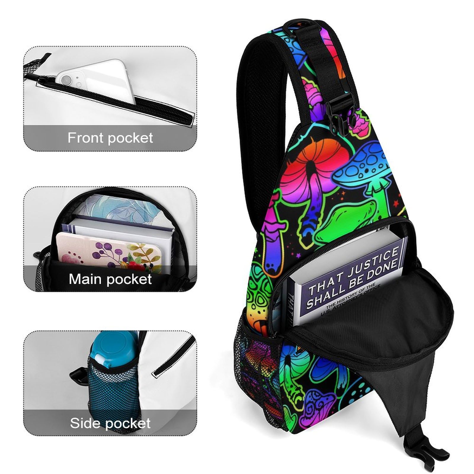 Anti-Theft Sling Bag for Women & Men - Gothic Hippie Neon Mushroom Chest Pack - Crossbody Shoulder Backpack for Hiking, Cycling, Travel & Outdoor Adventures