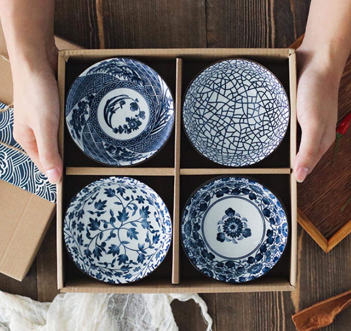Japanese Style Ceramic Rice Bowl Set of 4 - Traditional Blue and White Underglazed Dinnerware for Dessert, Snack, Cereal & Soup - Perfect for Asian Cuisine, Home Dining & Gift Giving