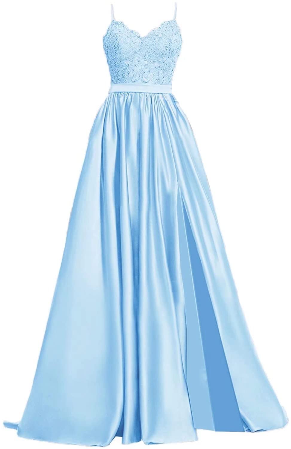 Elegant Women's Lace Applique Prom Dress - Long Satin Formal Evening Gown with Slit & Pockets for Homecoming, Ball, Wedding & Special Occasions