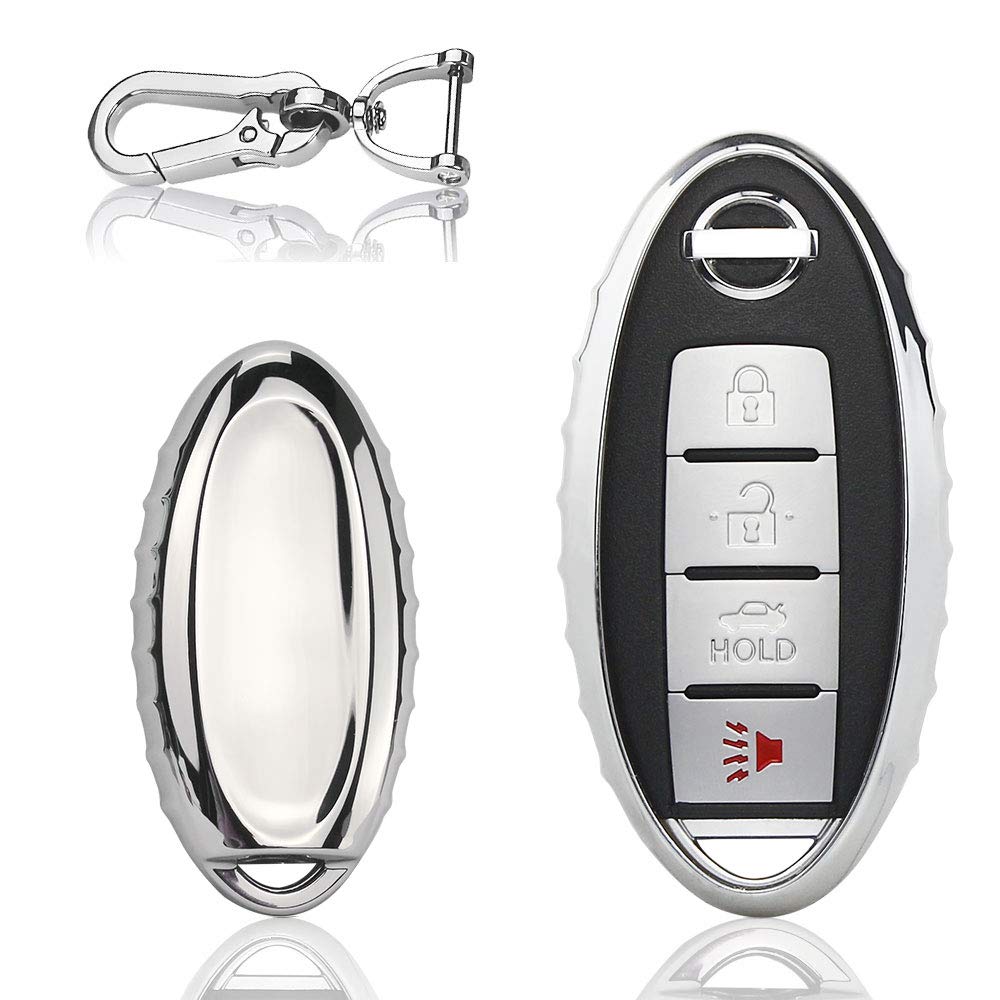 QBUC Replacement Key Fob Cover for Nissan - 3/4/5 Button Key Case with Keychain (Silver) | Durable Protection for Car Keys | Perfect for Altima, Sentra, Rogue & More