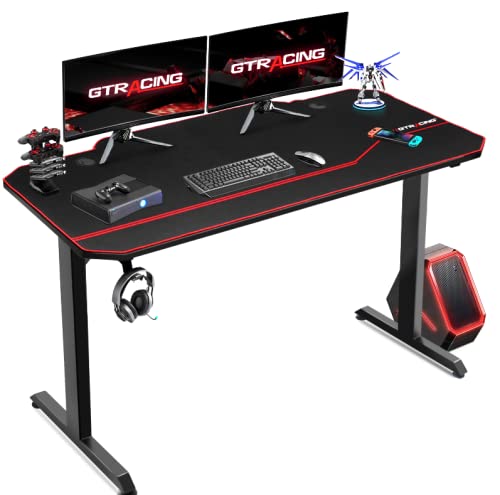 GTRACING 55 Inch Professional Gaming Desk with Detachable Mouse Pad, Carbon Fiber T-Shaped Surface, Headphone Hook & Cable Management Holes - Perfect for PC, PS5, Xbox Gaming & Home Office Setup (Black)