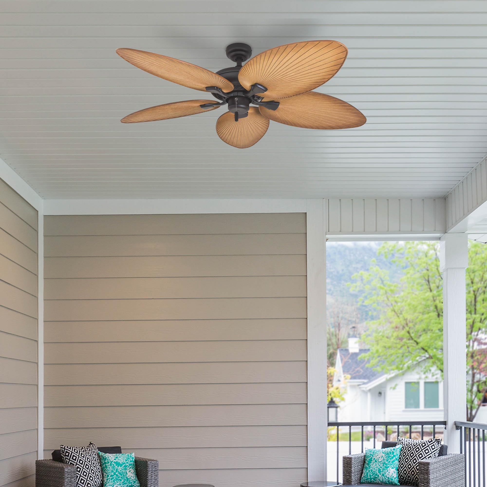 Honeywell 52 Inch Tropical Ceiling Fan for Indoor & Outdoor Use - No Light, Pull Chain, 3 Mounting Options, 5 Palm Leaf Blades, Damp-Rated (Model 50505-01, Bronze) - Perfect for Patio, Porch, Living Room & Bedroom Cooling