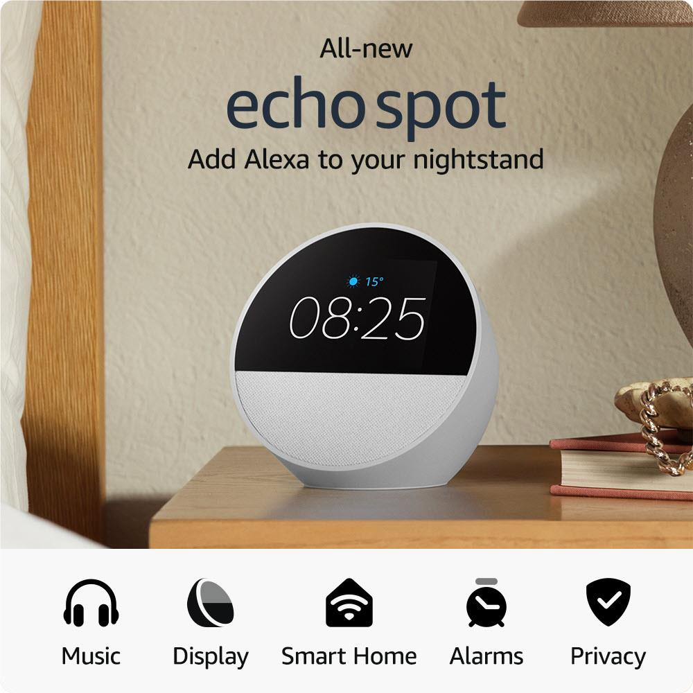Amazon Echo Spot (White) - Smart Alarm Clock with Alexa, 2.5