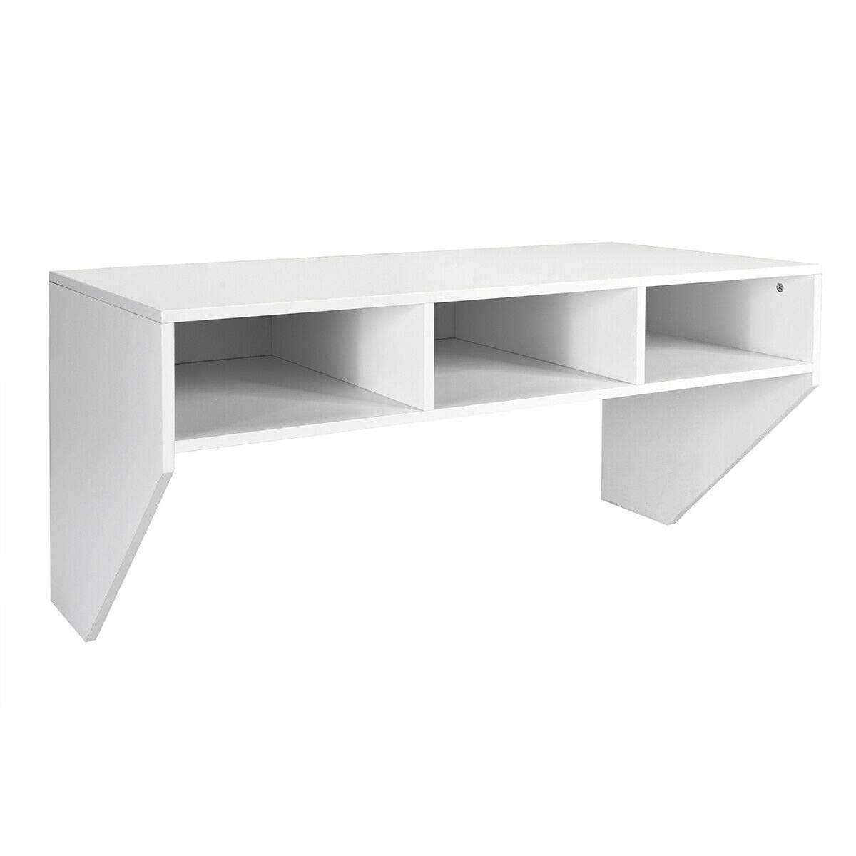 White Wall Mounted Floating Computer Desk with 3 Storage Shelves - Space Saving Laptop Study Table for Home Office, Bedroom & Living Room - Durable MDF Construction - Perfect for Small Spaces & Compact Workstations