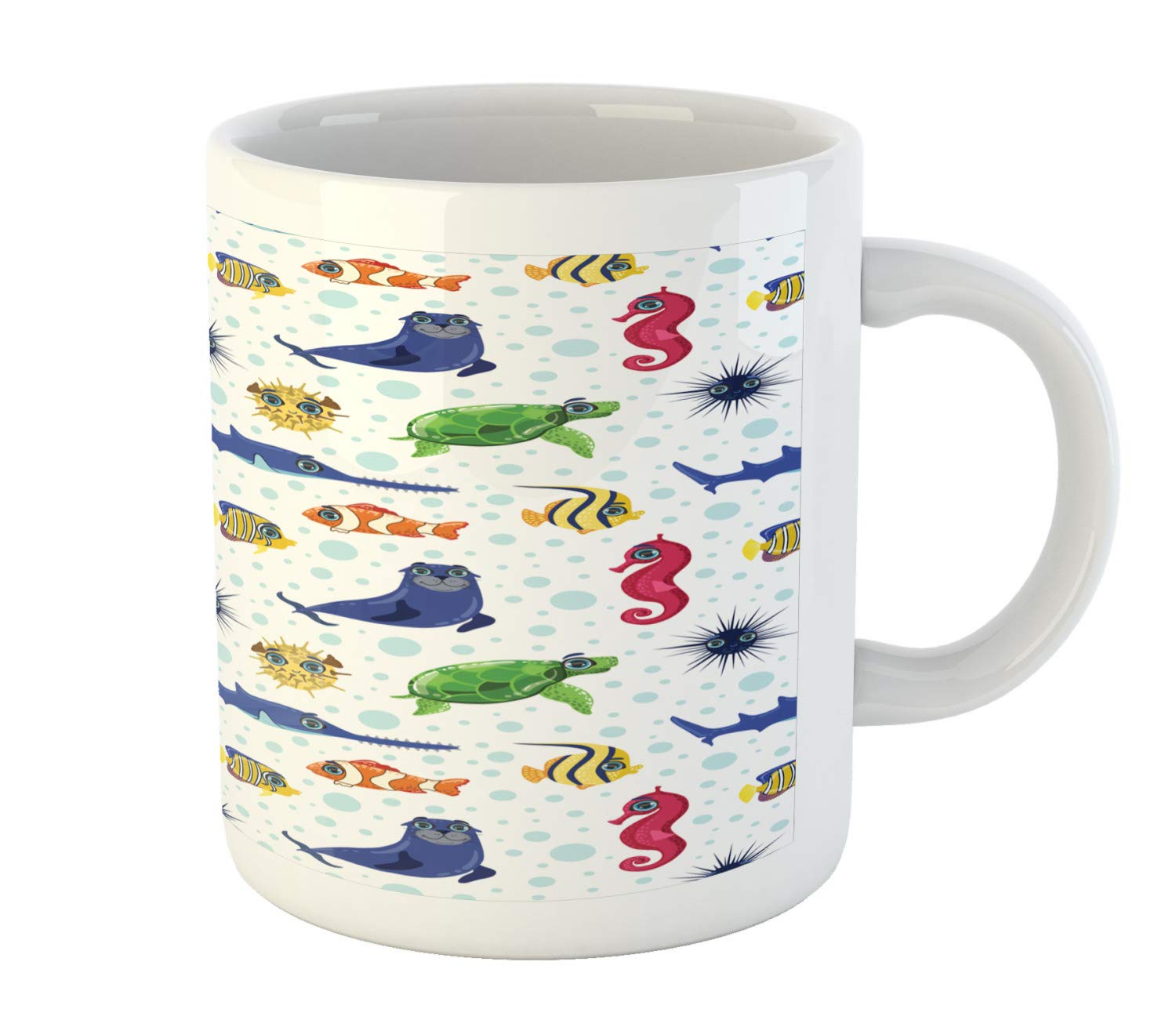 Lunarable Fish Themed Ceramic Coffee Mug - 11 oz Colorful Aquatic Characters & Bubbles Design for Tea, Water & Hot Drinks - Perfect for Home, Office & Gifts