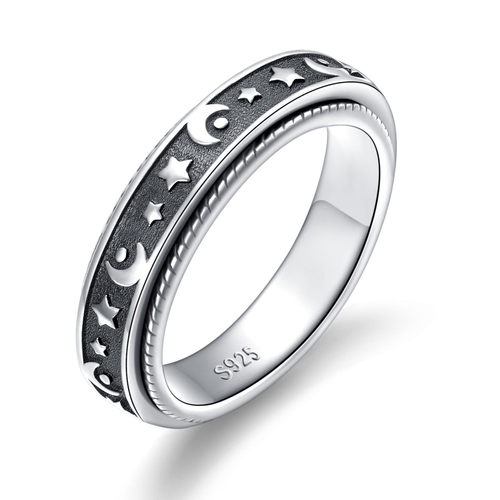 925 Sterling Silver Moon Star Spinner Ring for Men & Women - Anxiety & Stress Relief Fidget Ring for ADHD, Autism - Inspirational Message 'Keep Going This Too Shall Pass' - Perfect for Relaxation, Focus & Daily Wear