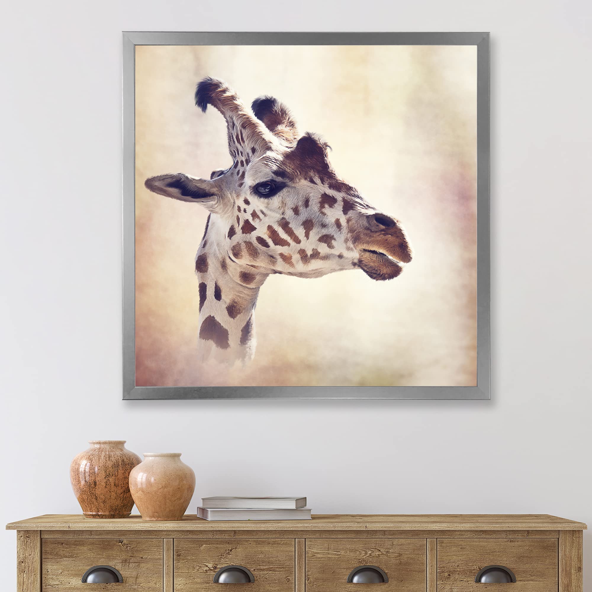 Farmhouse Framed Wall Art - Portrait of A Giraffe III - Handmade Canvas Painting for Living Room, Bedroom & Nursery Decor