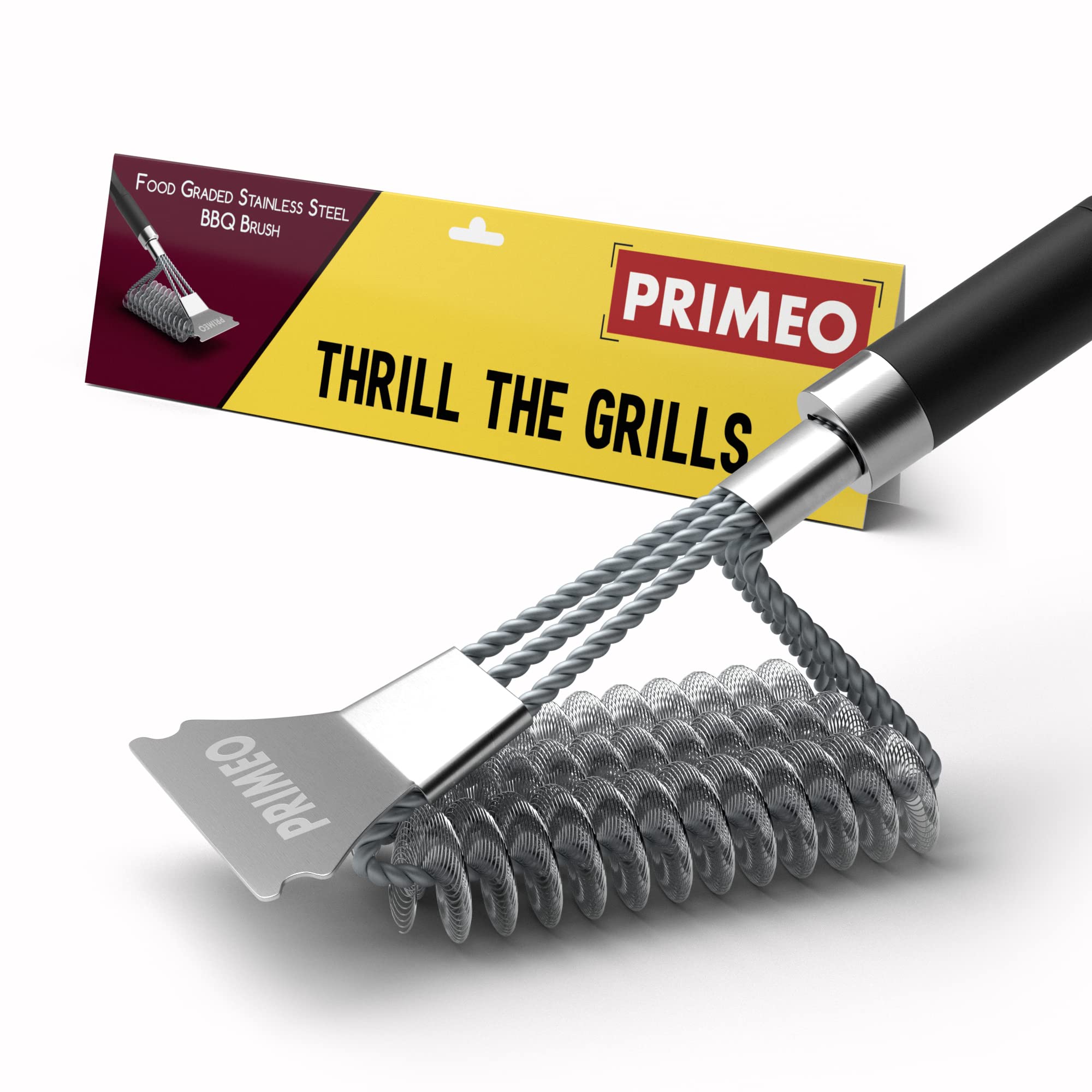 **PRIMEO Grill Brush and Scraper for Outdoor BBQ - Heavy Duty Bristle-Free Grill Cleaner with 3 Replaceable Heads | Durable Stainless Steel Safe Barbecue Brush for Gas, Charcoal & Pellet Grills | Perfect for Backyard Cookouts, Camping & Tailgating**