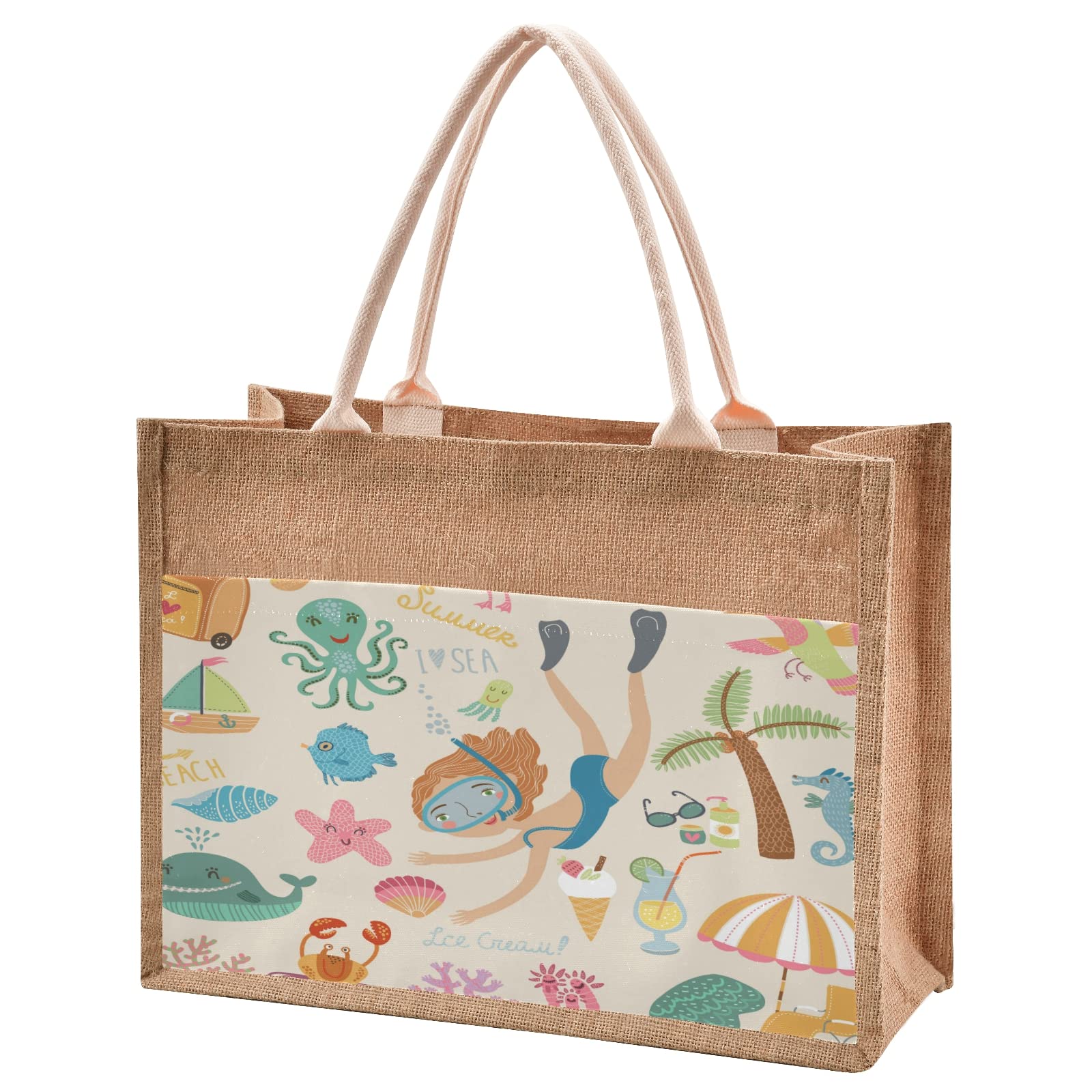 Eco-Friendly Underwater World Themed Jute Tote Bag - Reusable Burlap Straw Beach Bag for Grocery Shopping, Diving Enthusiasts & Wedding Gifts | Perfect for Beach Trips, Farmers Markets & Sustainable Lifestyle