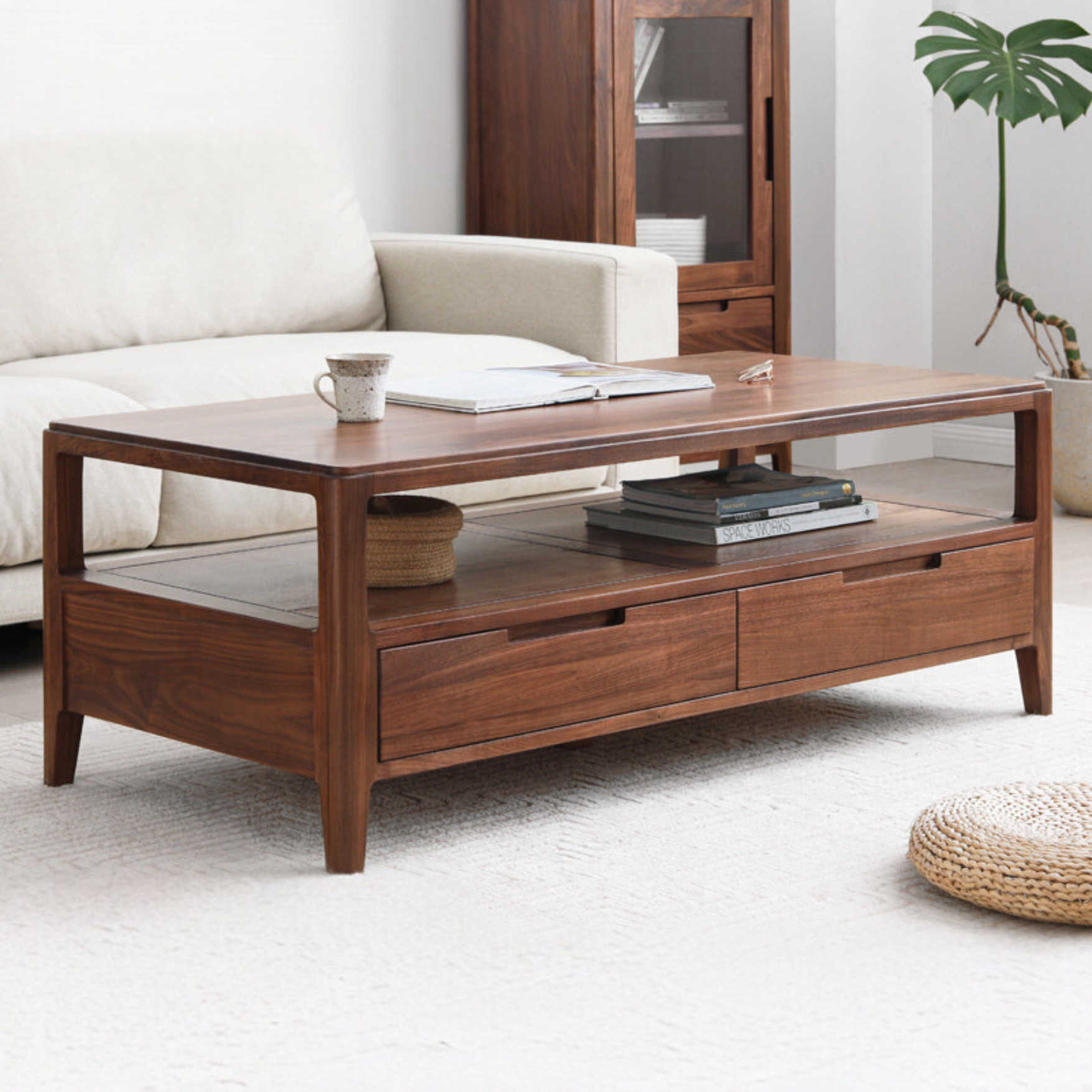 Solid Black Walnut Wood Coffee Table with 4 Drawers - Rustic Modern Living Room Furniture for Home Decor