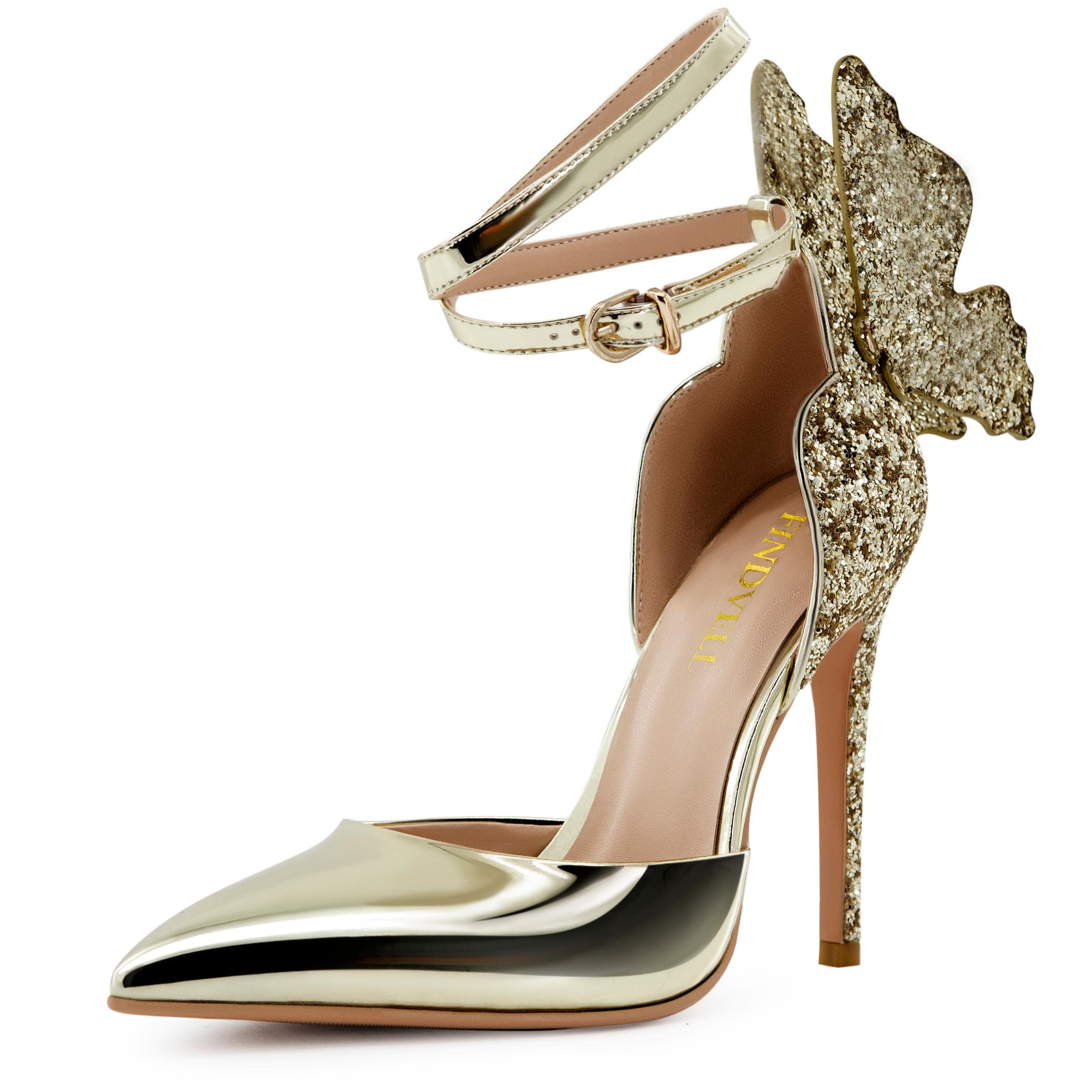 Gold High Heels Butterfly Back Sexy Stiletto Pumps - Sparkly Closed Toe Ankle Strap Dress Sandals for Women | Perfect for Evening Parties, Weddings & Special Occasions