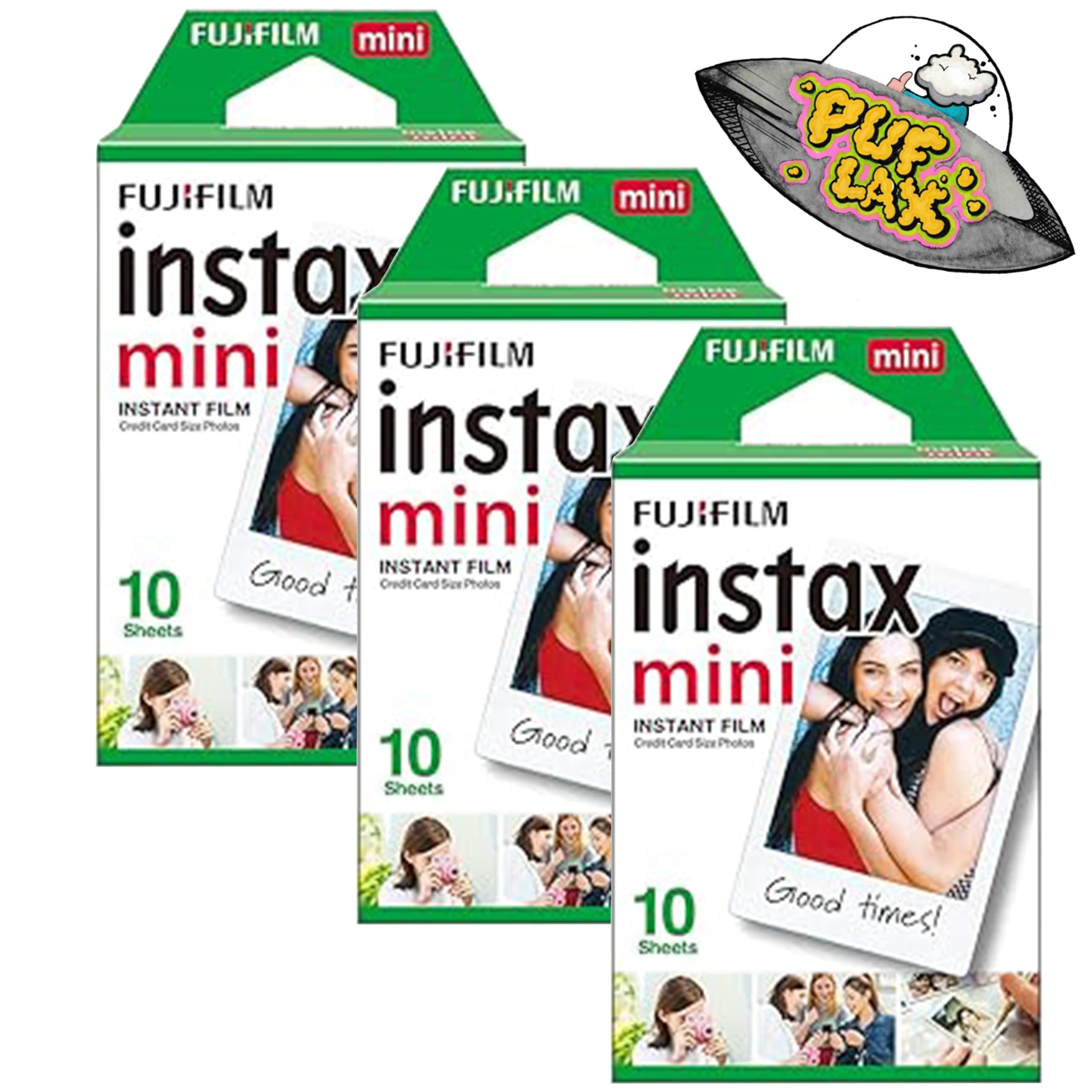 FUJIFILM Instax Mini Instant Film Value Pack - 30 Exposures (10 Sheets x 3) for Mini 7/8/9/11/25/40/50S/70/90 Cameras - Perfect for Parties, Travel & Memory Keeping - Includes Puflax UFO Stickers