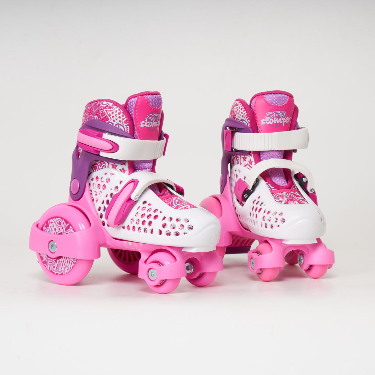 SFR Stomper Adjustable Junior Roller Skates for Kids - White & Pink Color - Perfect for Indoor & Outdoor Skating, Birthday Gifts, and Family Fun Activities