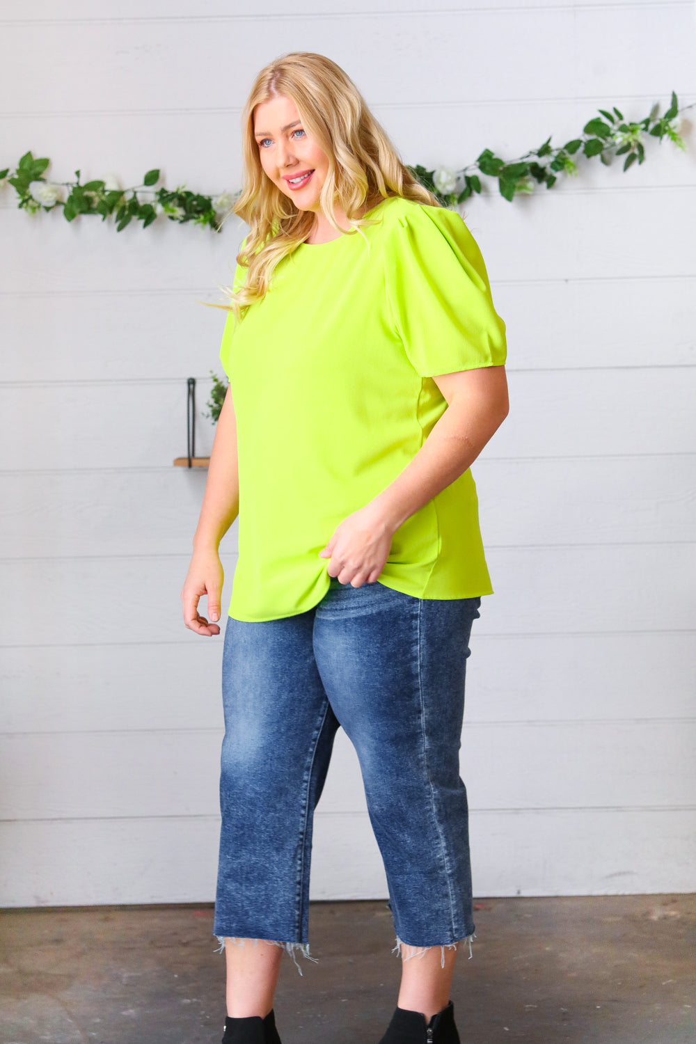 Stylish Neon Green Round Neck Puff Sleeve Crepe Blouse for Women | Trendy Casual & Party Wear | Perfect for Date Nights, Office Outfits & Summer Fashion