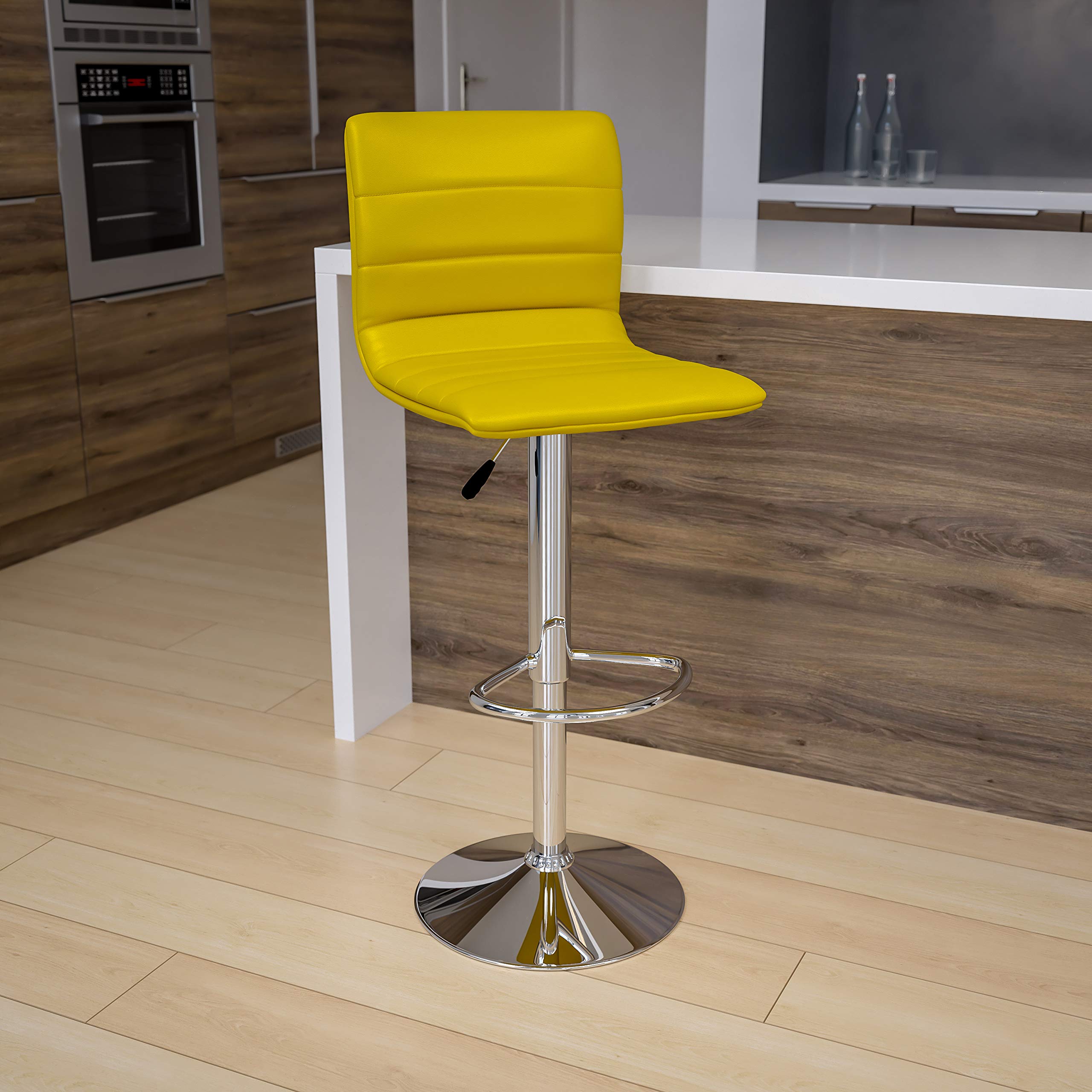 EMMA + OLIVER Adjustable Height Bar Stool with Yellow Vinyl Upholstery & Horizontal Stitch Back - Perfect for Kitchen Islands, Breakfast Bars & Home Decor