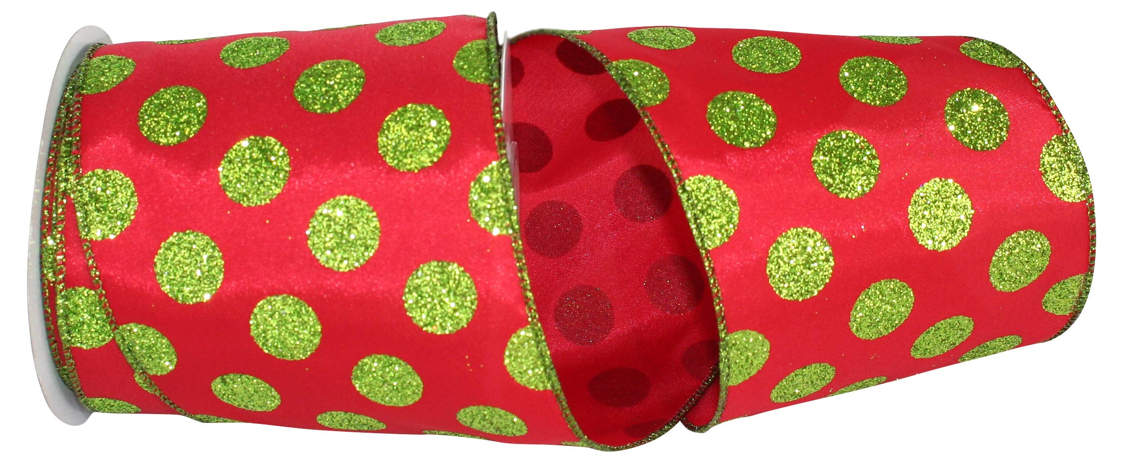 Reliant Ribbon Green Dot Glitter Value Wired Edge Ribbon - 4 Inch x 10 Yards, Red/Lime - Perfect for Gift Wrapping, Party Decorations, and DIY Crafts