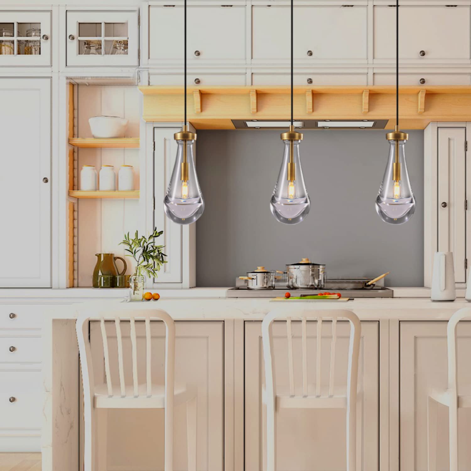 Modern Brass Pendant Light Fixtures Set of 2 with Raindrop Glass, Kitchen Island Lighting, Dining Room Chandelier for Porch, Living Room, Dining Table, E12 LED Bulb, Perfect for Farmhouse, Cafe, and Bedroom Decor