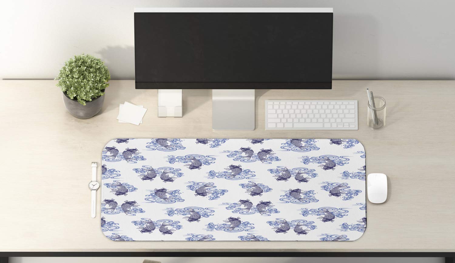 Ambesonne Japanese Themed Underwater Creature Couples Mouse Pad - Non-Slip Rubber Gaming Mousepad (31