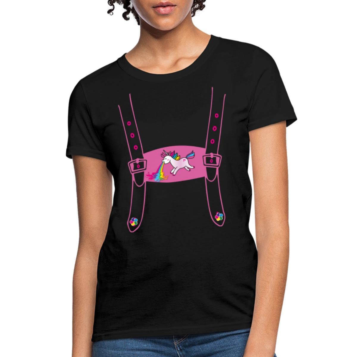 Fake Lederhosen Unicorn Print Women's T-Shirt | Bavarian Style Humor Graphic Tee for Oktoberfest, Costume Parties & Casual Wear