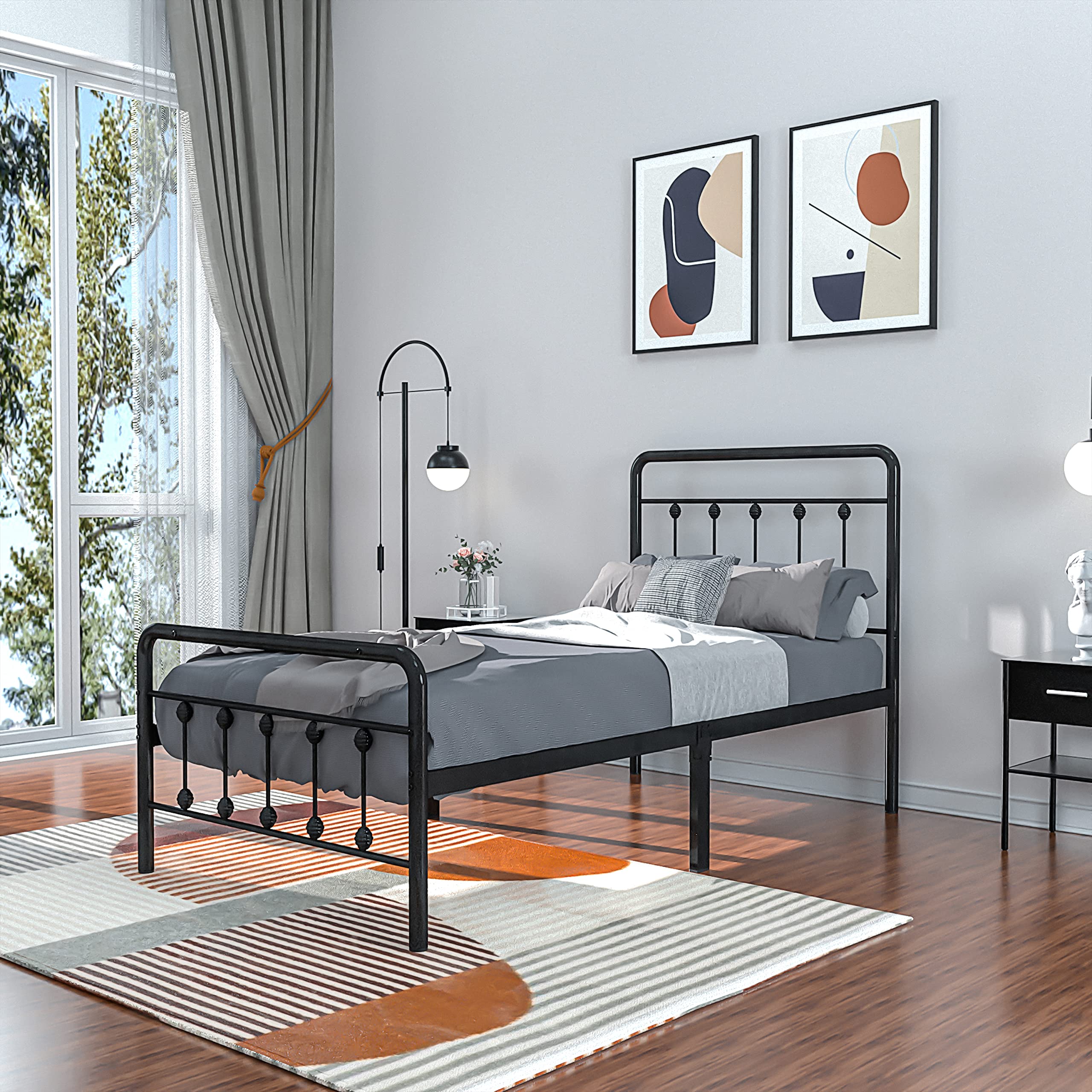 **Vintage Metal Bed Frame Twin Size with Headboard & Footboard - Sturdy Steel Slats, No Box Spring Needed, Steel Grey - Perfect for Guest Rooms, Dorms & Vintage Bedroom Decor**
