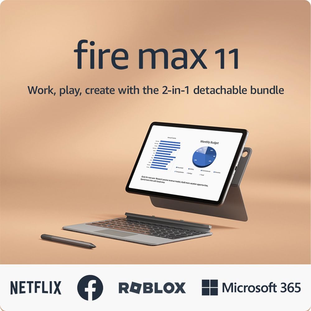 Amazon Fire Max 11 Tablet with Keyboard Case & Stylus Pen - Octa-Core Processor, 4GB RAM, 128GB Storage (Gray, No Lockscreen Ads) - Perfect for Work, Study & Entertainment on the Go