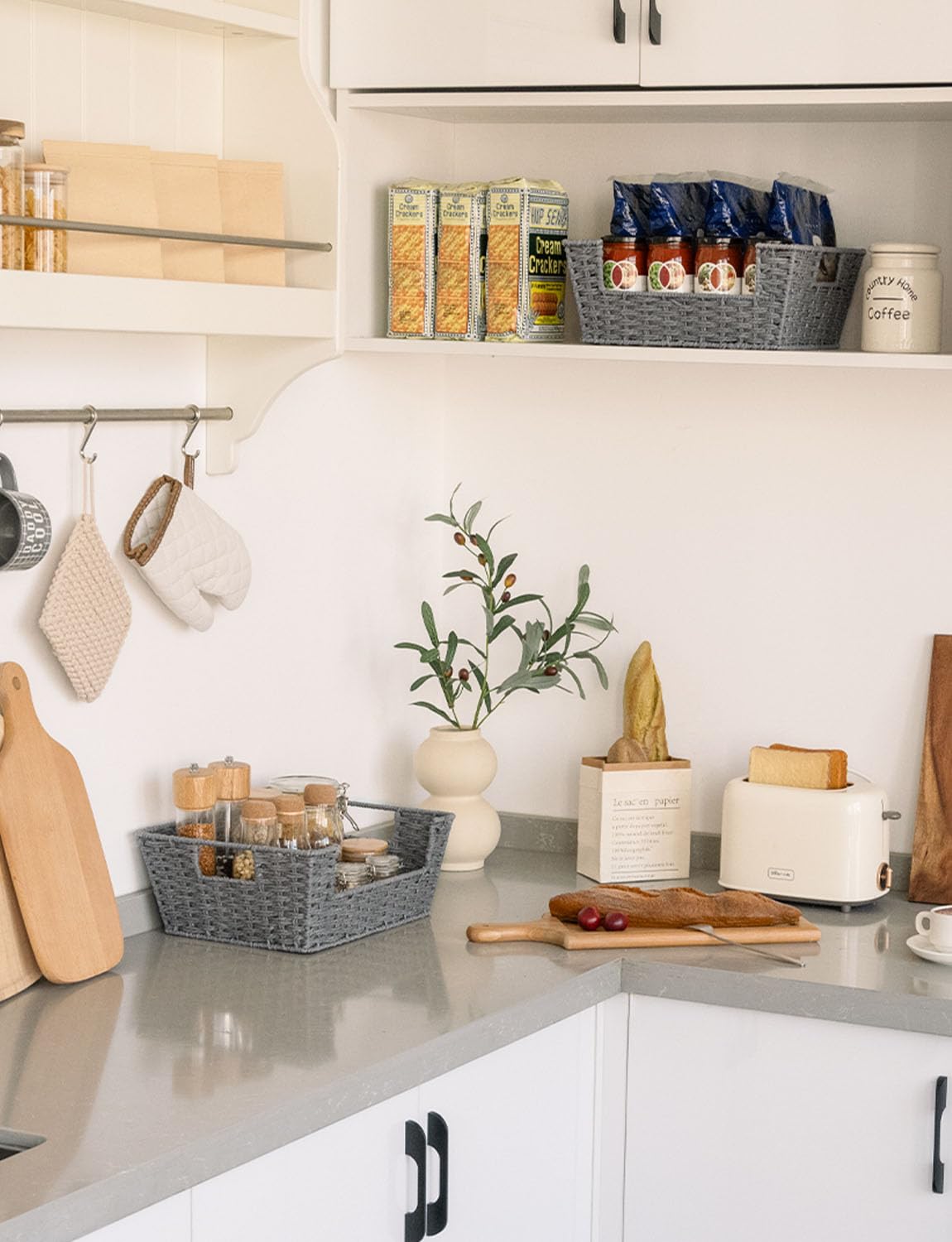 StorageWorks Wicker Baskets for Home Organization - 2 Pack Grey Handwoven Pantry & Shelf Storage Baskets | Perfect for Kitchen, Bathroom, Closet & Office Organization