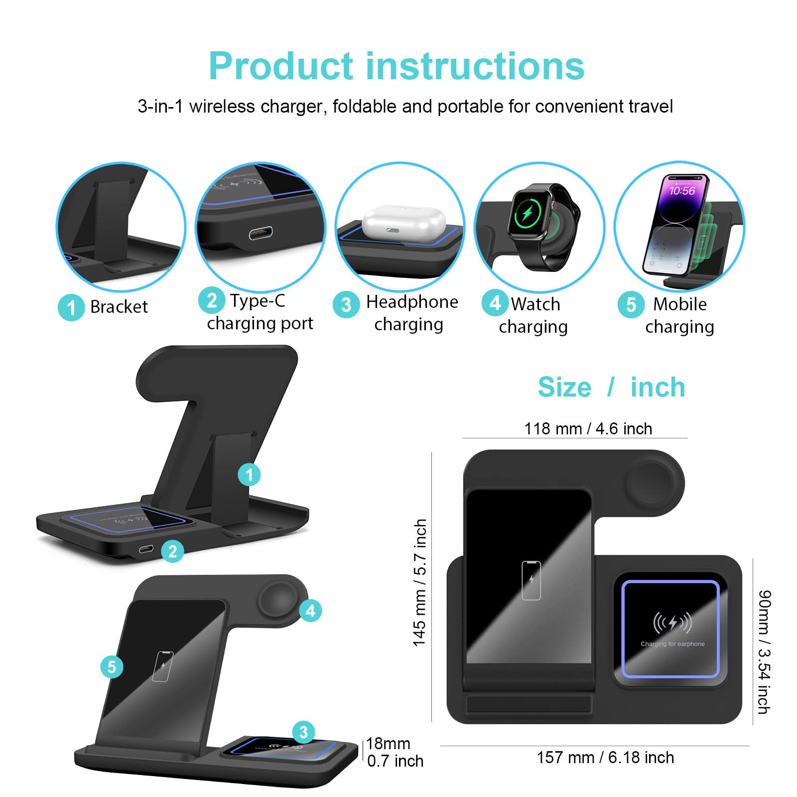3-in-1 Wireless Charging Station Stand - 15W Fast Charger for iPhone 16/15/14/13/12/11 Pro Max, XS/XR/8 Plus, AirPods & Apple Watch Series 10-3/Ultra 2 | Multi-Device Charging Dock for Home, Office & Nightstand Use