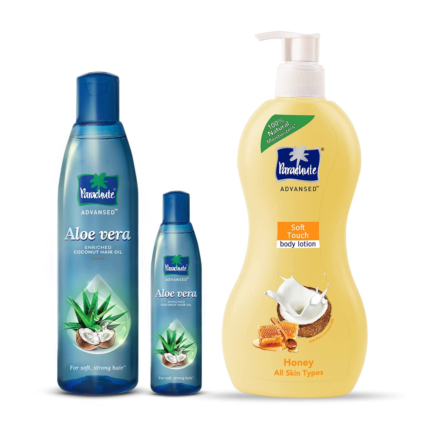 Parachute Advanced Soft Touch Body Lotion 400ml & Aloe Vera Enriched Coconut Hair Oil Set (250ml + 75ml) - Hydrating Moisturizer for Smooth Skin & Nourishing Treatment for Soft, Strong Hair - Perfect for Daily Skincare & Hair Care Routine