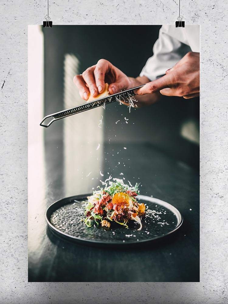 Professional Chef Grating Cheese on Food - Premium Kitchen Poster for Cooking Enthusiasts | Perfect for Home Kitchens & Culinary Classrooms