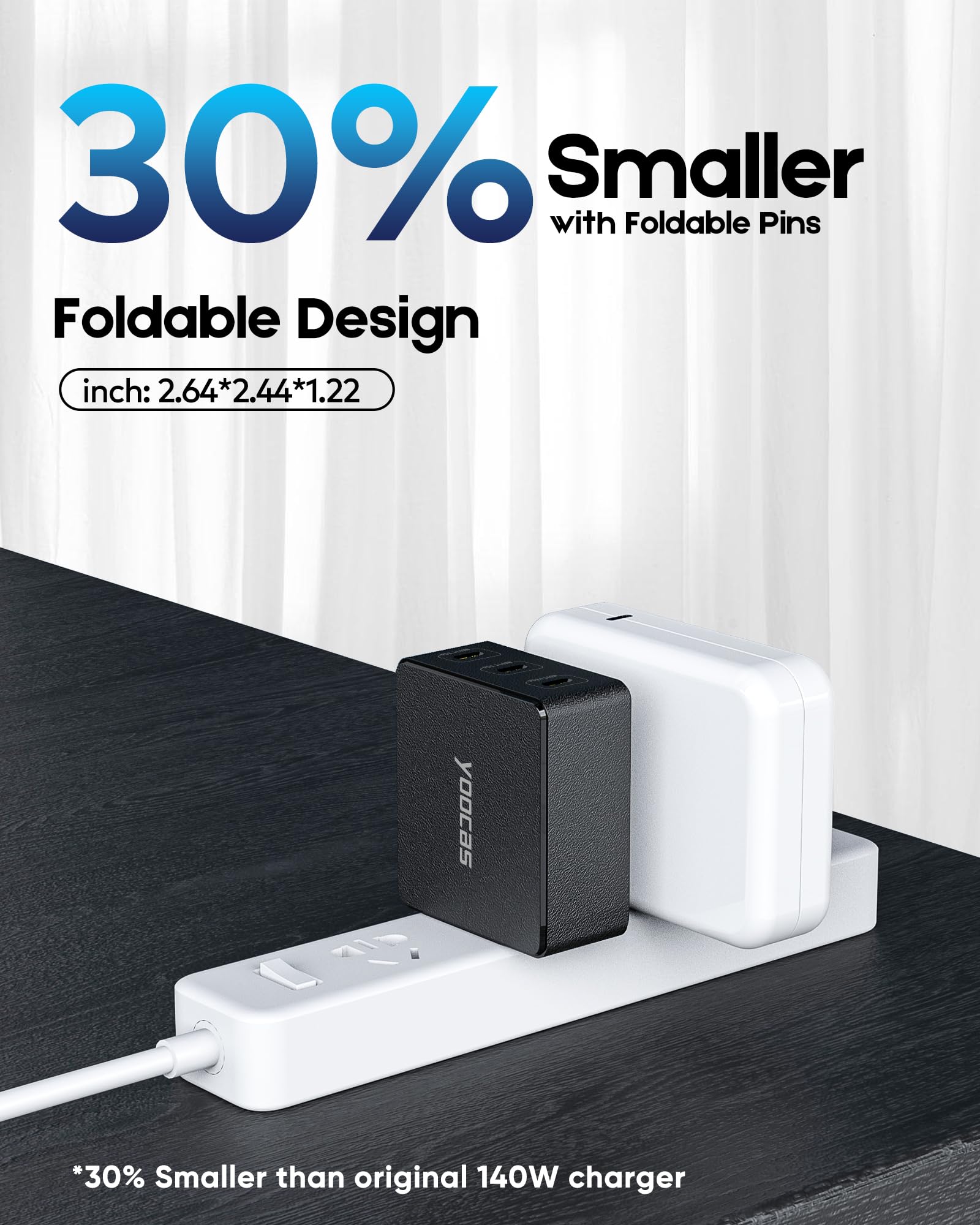 140W USB C GaN Charger PD3.1 Fast Charging, 3-Port Foldable Wall Charger for Laptop (MacBook Air/Dell/Lenovo/Chromebook), Tablet (iPad Pro), Phone (iPhone 15/14/Pro, Galaxy S22/21, Pixel) - Compact Travel & Home Office Charging Solution (Black)