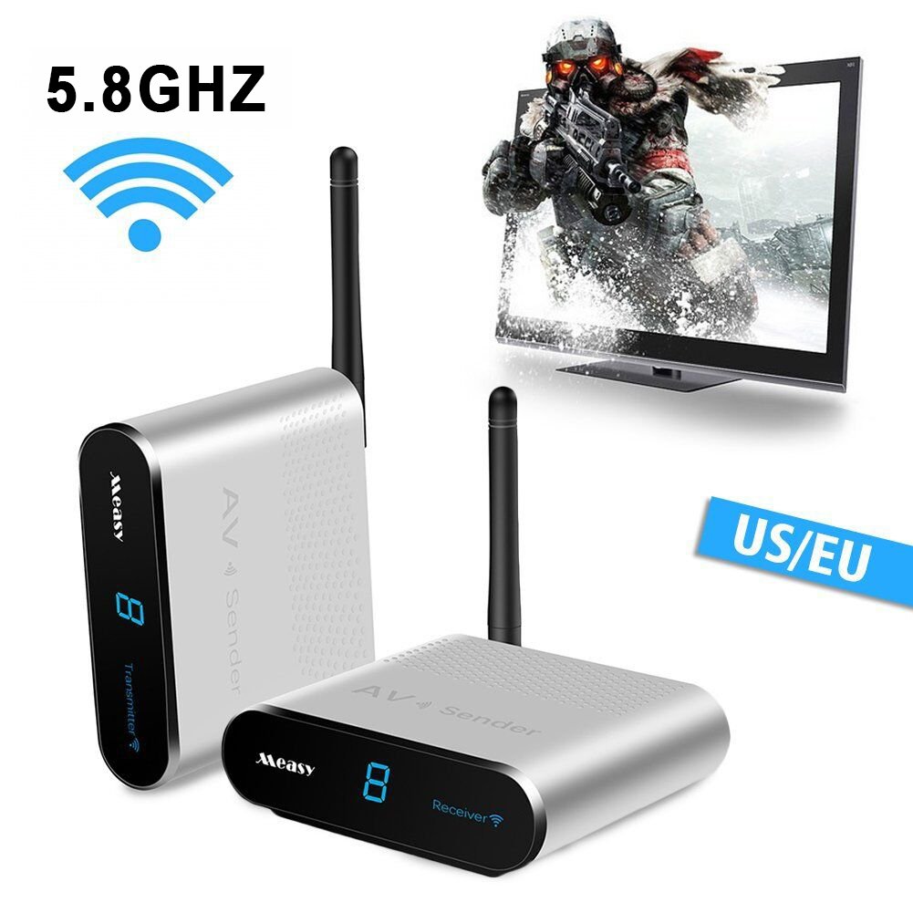 Wireless AV Transmitter and Receiver Kit - Measy AV530 HD Video Audio Transmitter & Receiver for TV, Monitor, Camera (300m/1000ft Range, RCA Extender, Silver) - Perfect for Home Theater, Surveillance Systems, and Presentations