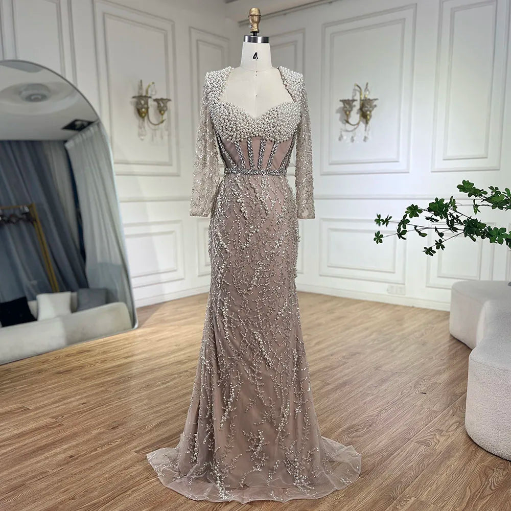 Luxury Dubai Pearls Beaded Elegant Arabic Mermaid Evening Dress for Women - Wedding, Party, Gala & Special Occasions | Serene Hill LA72361