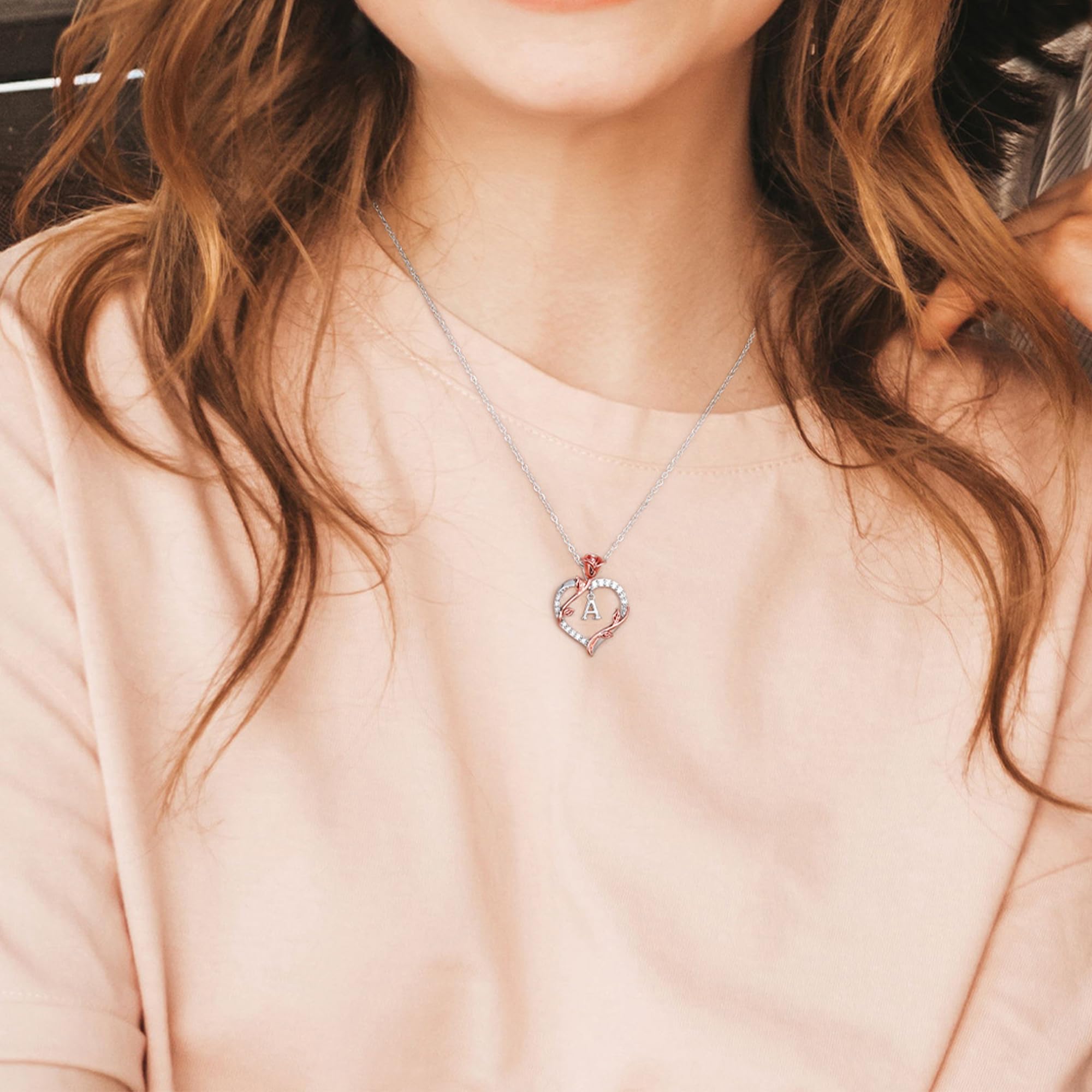 Rose Heart Initial Necklace for Women - 925 Sterling Silver Personalized Jewelry, Anniversary Birthday Gift for Wife Girlfriend Mom - Perfect for Valentine's Day, Wedding, Mother's Day & Romantic Occasions