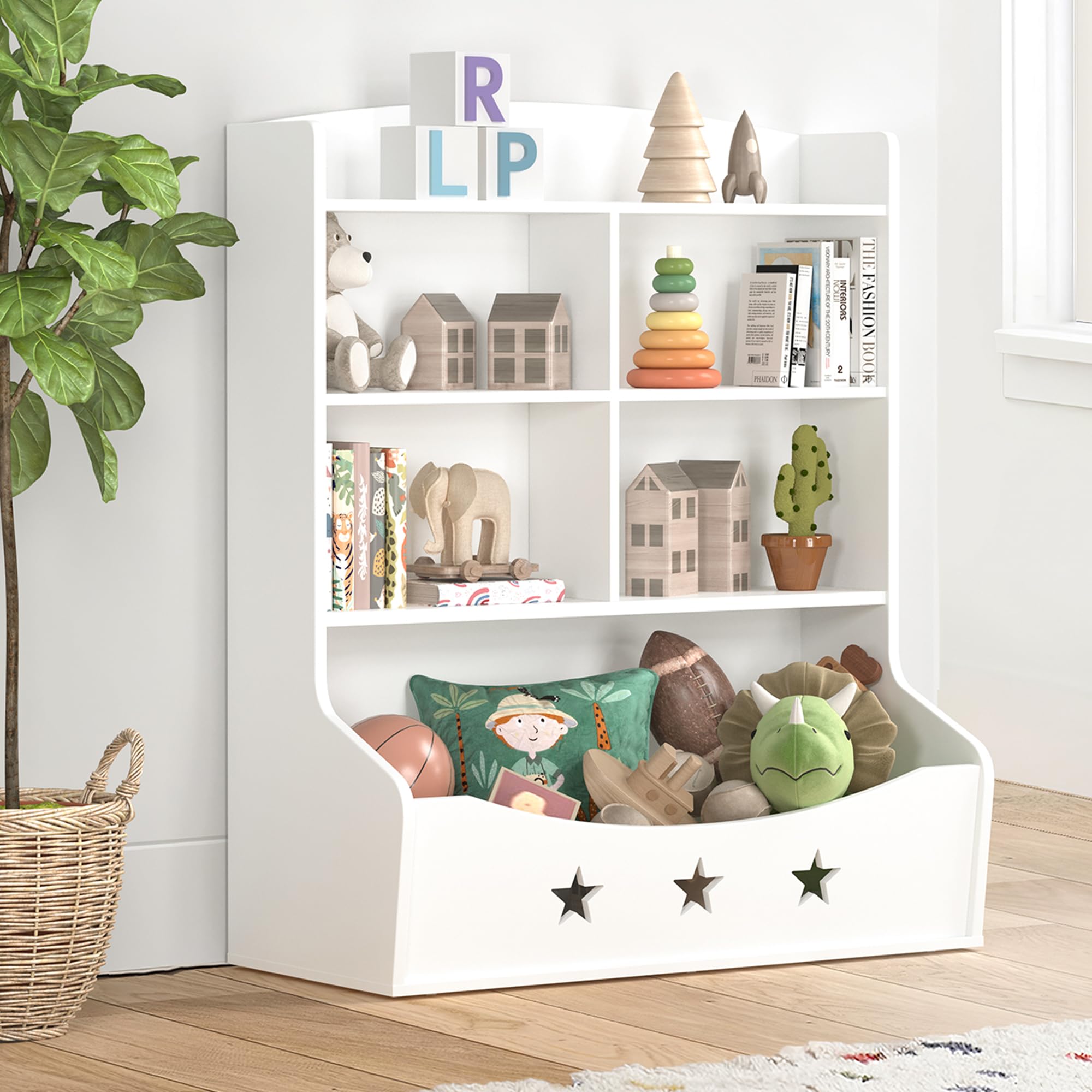 Kids Wooden Bookshelf - 3.5-Tier Bookcase with 5 Cube Storage & Star Pattern | Nursery, Playroom & Bedroom Organizer for Toys & Books | Durable White Toy Storage Cabinet for Kids' Room Decor & Learning Space