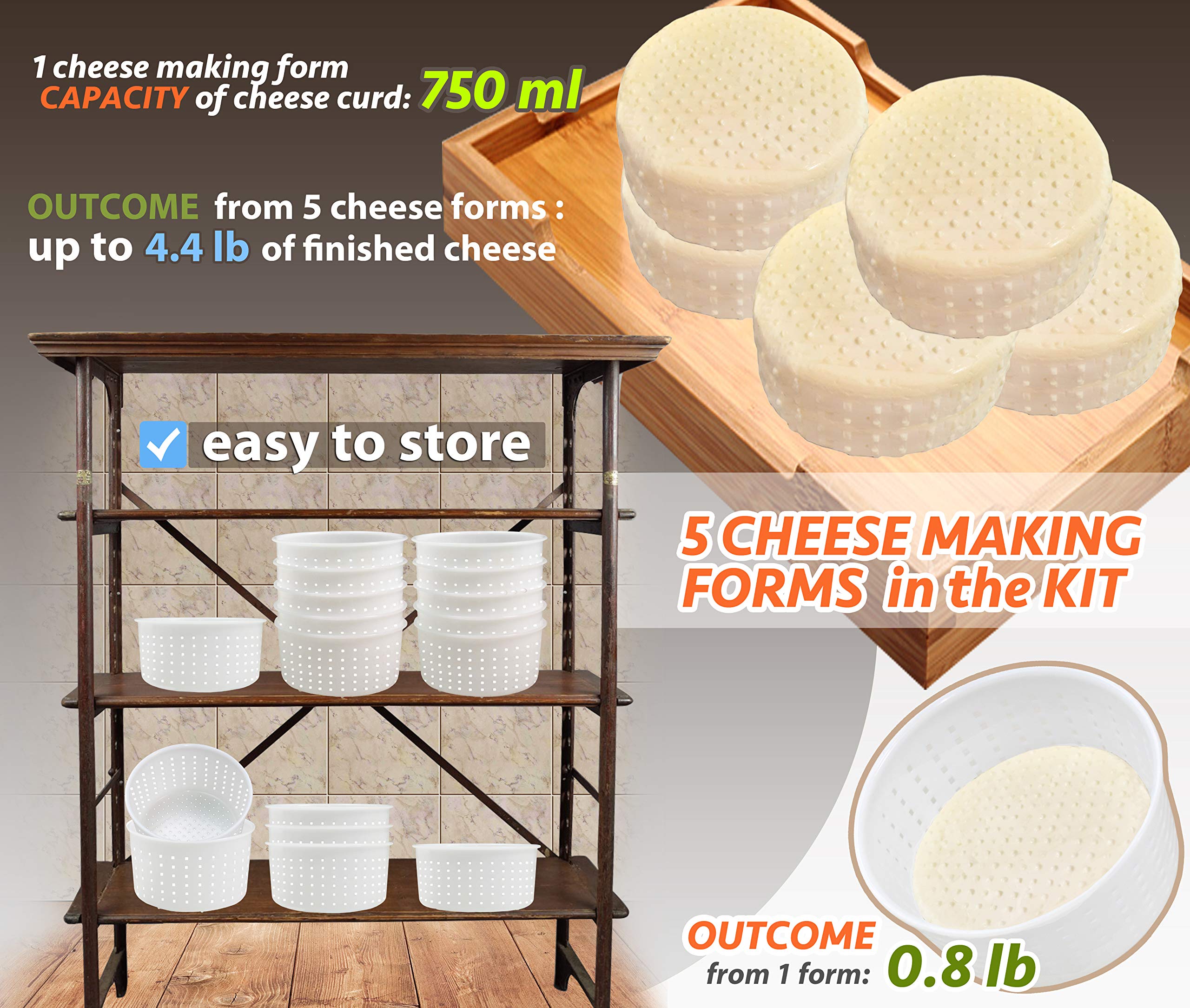 PetriStor 5-Piece Soft Cheese Mold Set for Homemade Cheese Making - 0.8QT Small Cheese Molds for Cream Cheese, Feta & Fresh Cheese - Perfect for DIY Cheese Lovers & Artisan Cheesemakers (Great for Home Kitchens & Small Dairy Farms)