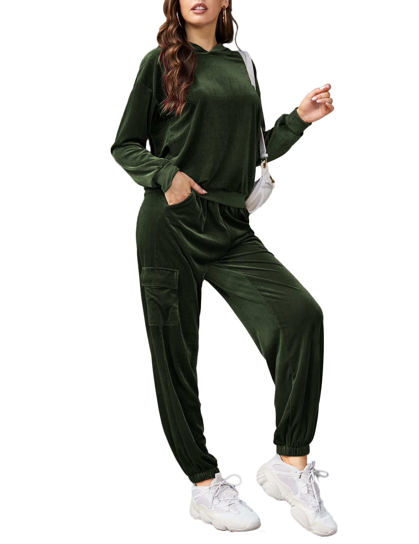 Hotouch Women's Velour Tracksuit 2-Piece Set - Soft Hooded Sweatshirt & Jogger Pants with Pockets for Casual Wear, Lounge, Gym & Street Style Fashion