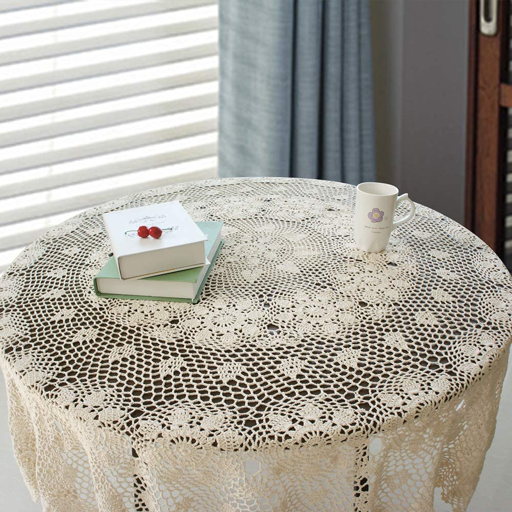 Handmade Crochet Round Tablecloth 60-inch Beige Lace Table Cover Floral Design for Bedroom Kitchen Coffee Table Dining Table - Perfect for Boho Home Decor Wedding Party & Holiday Dining