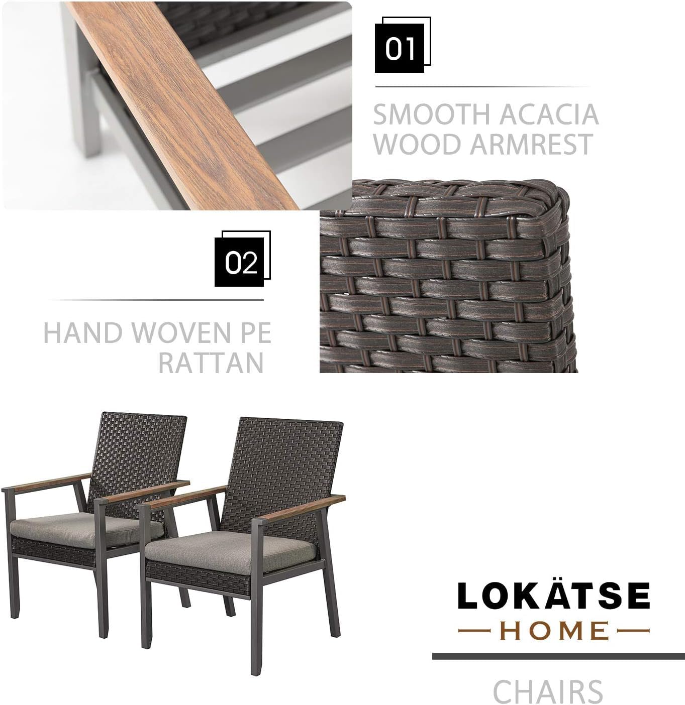 LOKATSE HOME 2-Piece Gray Outdoor Wicker Dining Chair Set - Patio Rattan Furniture with Cushions, Weather-Resistant Metal Armchairs for Garden, Poolside, and Backyard Relaxation