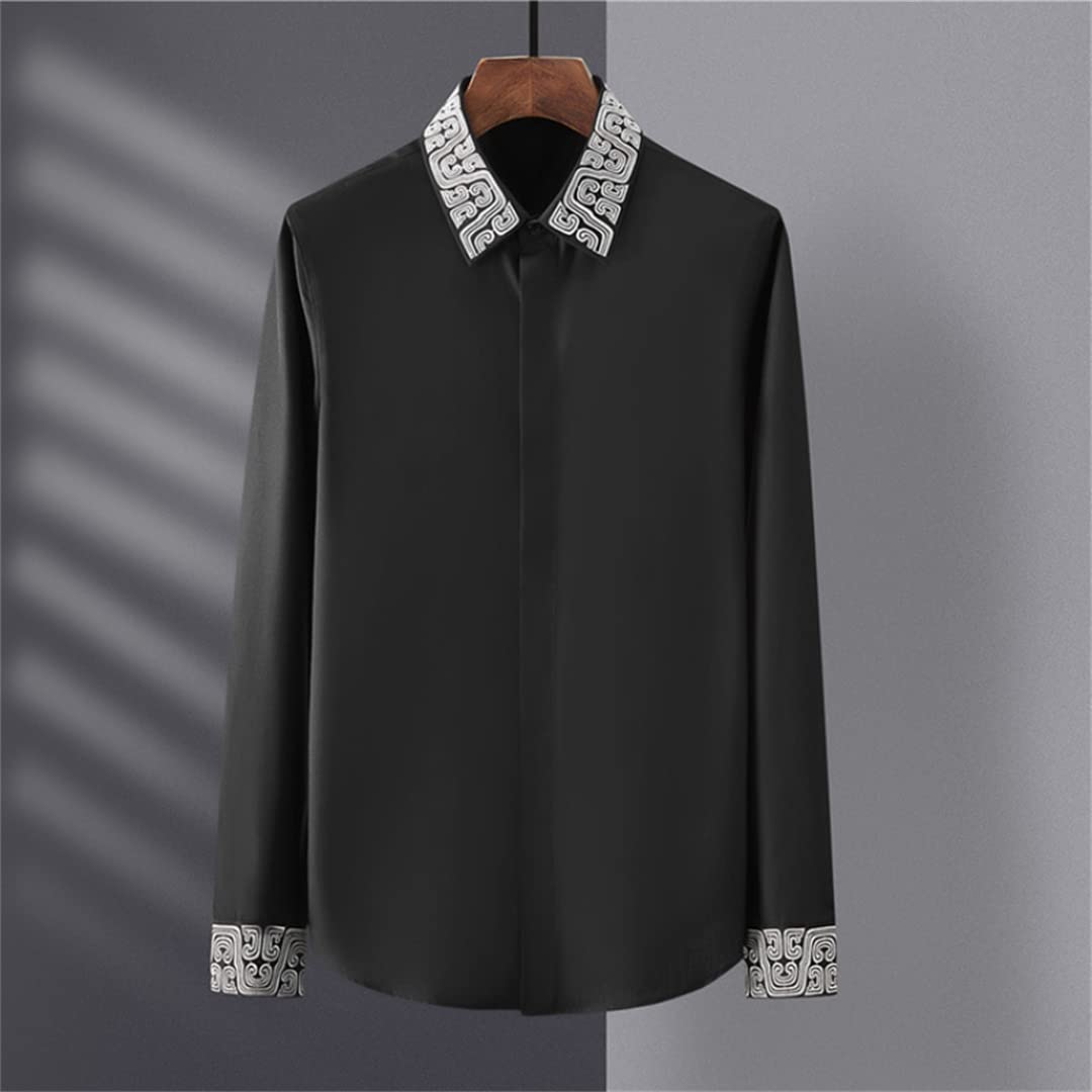 Men's Slim Fit Long Sleeve Button Down Shirt - Cotton Business Formal Dress Shirt with Embroidery Detail | Perfect for Office, Weddings & Special Occasions