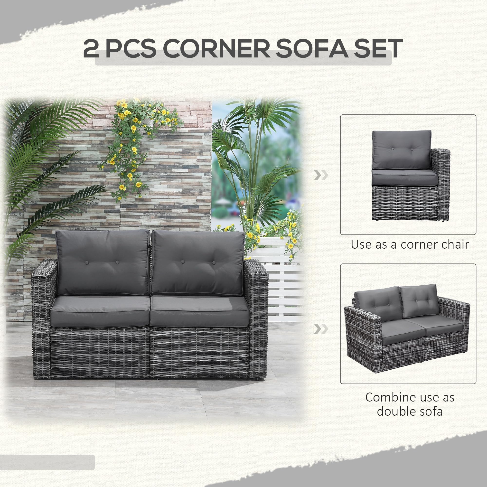 Outsunny 2-Piece Patio Wicker Corner Sofa Set, Outdoor PE Rattan Furniture with Curved Armrests & Thick Padded Cushions - Waterproof & UV Resistant for Balcony, Garden, Lawn, Backyard or Poolside (Gray) - Perfect for Outdoor Relaxation & Entertaining