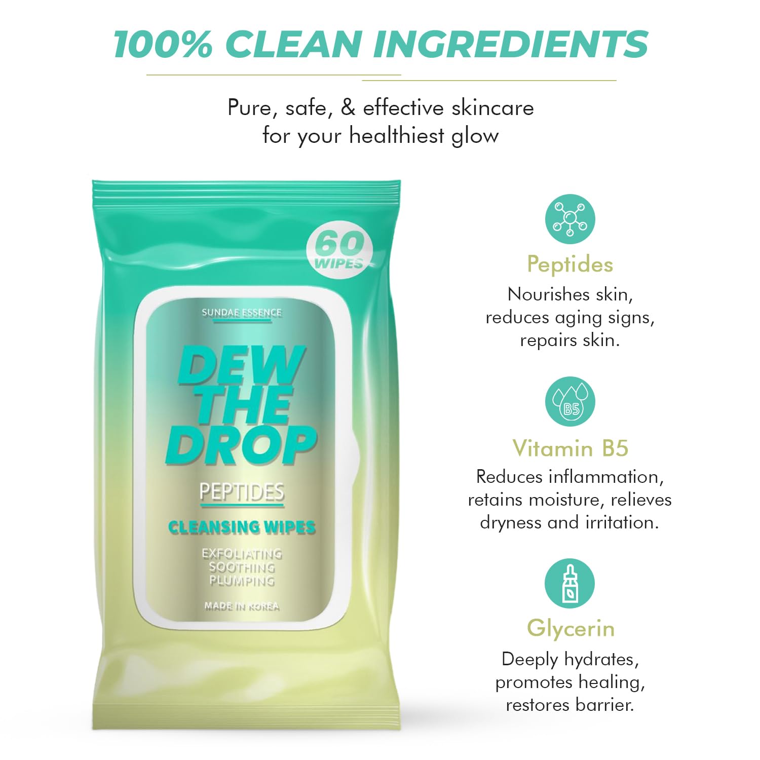 Peptides Facial Wipes - Anti-Aging Korean Skincare for Gentle Cleansing & Hydration - Vegan & Natural - Perfect for Travel & On-the-Go