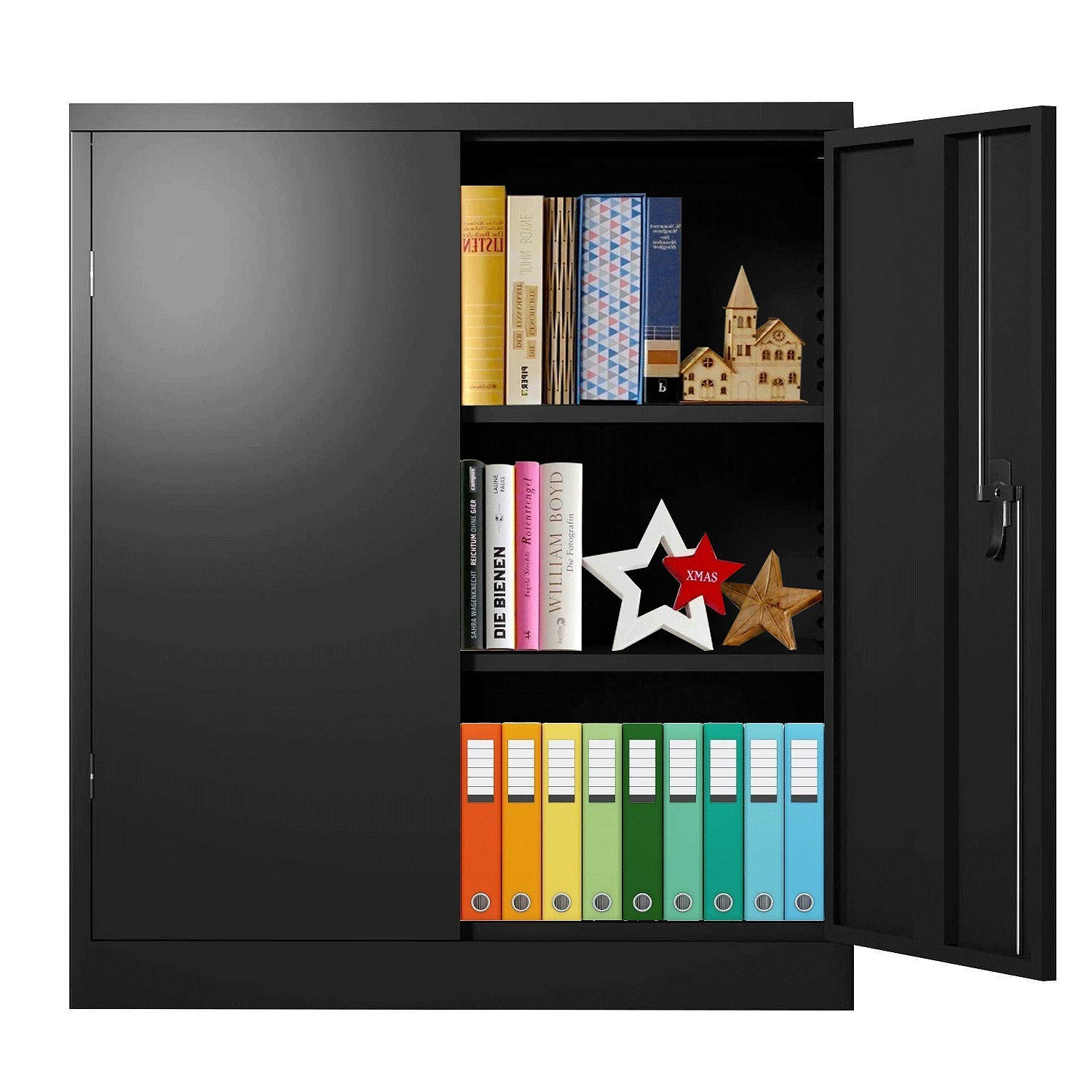 Superday Black Metal Storage Cabinet - Lockable Steel Cabinet with Doors & 2 Adjustable Shelves, Heavy Duty Office & Home Storage Solution for Garage, Workshop, and Utility Rooms