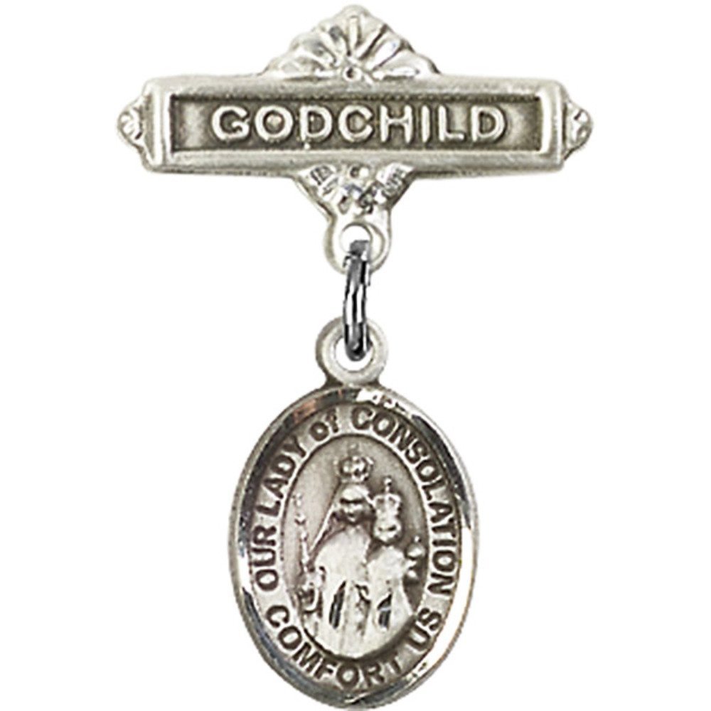 Sterling Silver Baby Badge with Our Lady of Consolation Charm - Godchild Gift Pin 1 X 5/8 Inches - Perfect for Baptism, Christening & First Communion Gifts